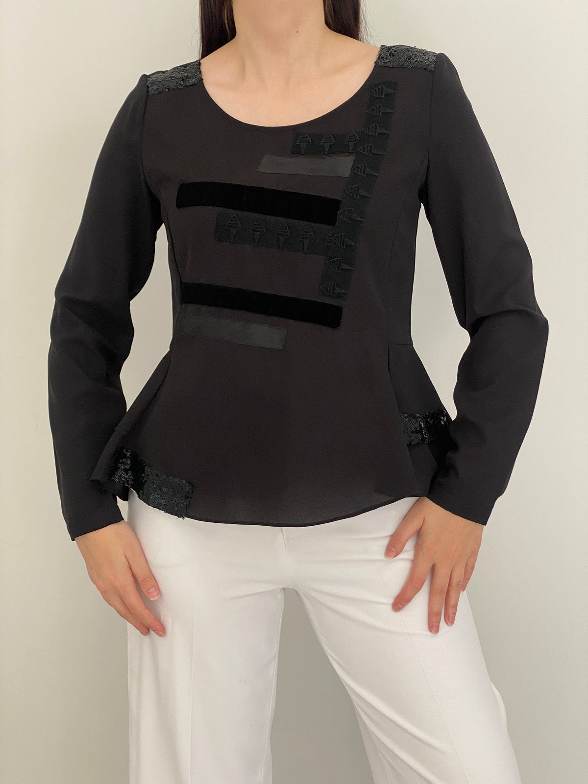 Vintage SÃO PAULO Black Sequin Patched Peplum Evening Top – S