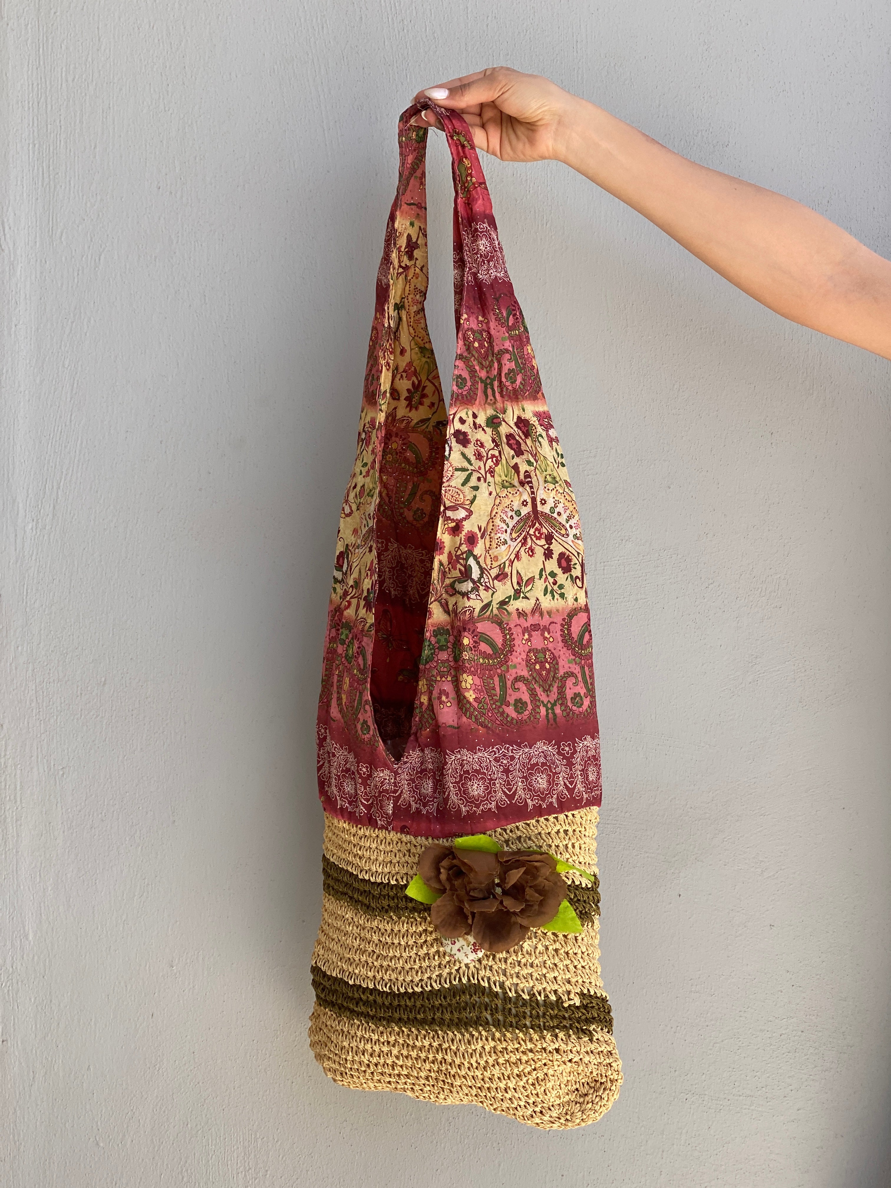 Vintage Boho Patchwork Straw & Paisley Print Tote Bag Floral Detail Shoulder Bag