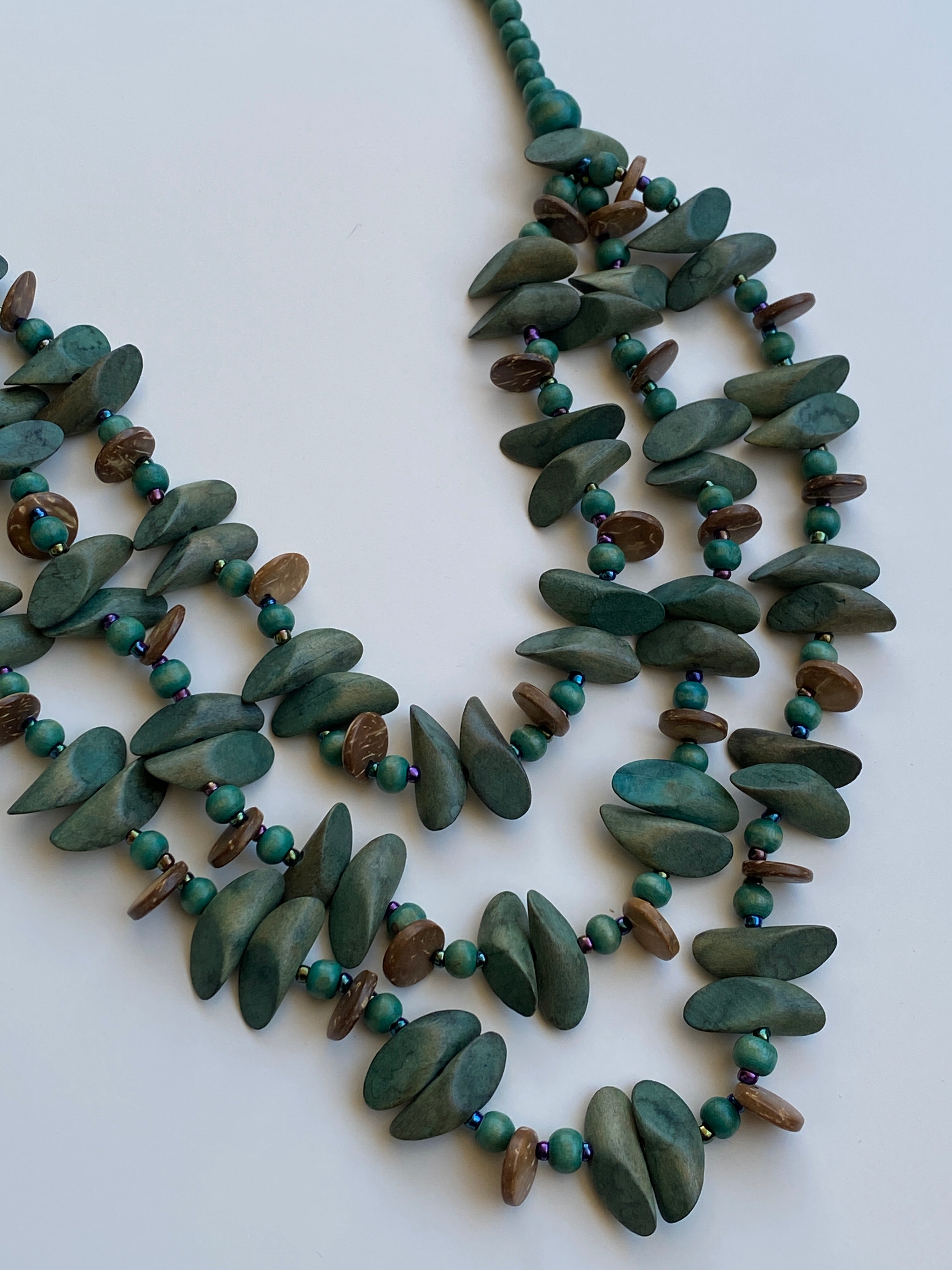 Vintage Boho Green Multi-Strand Wood Beaded Necklace
