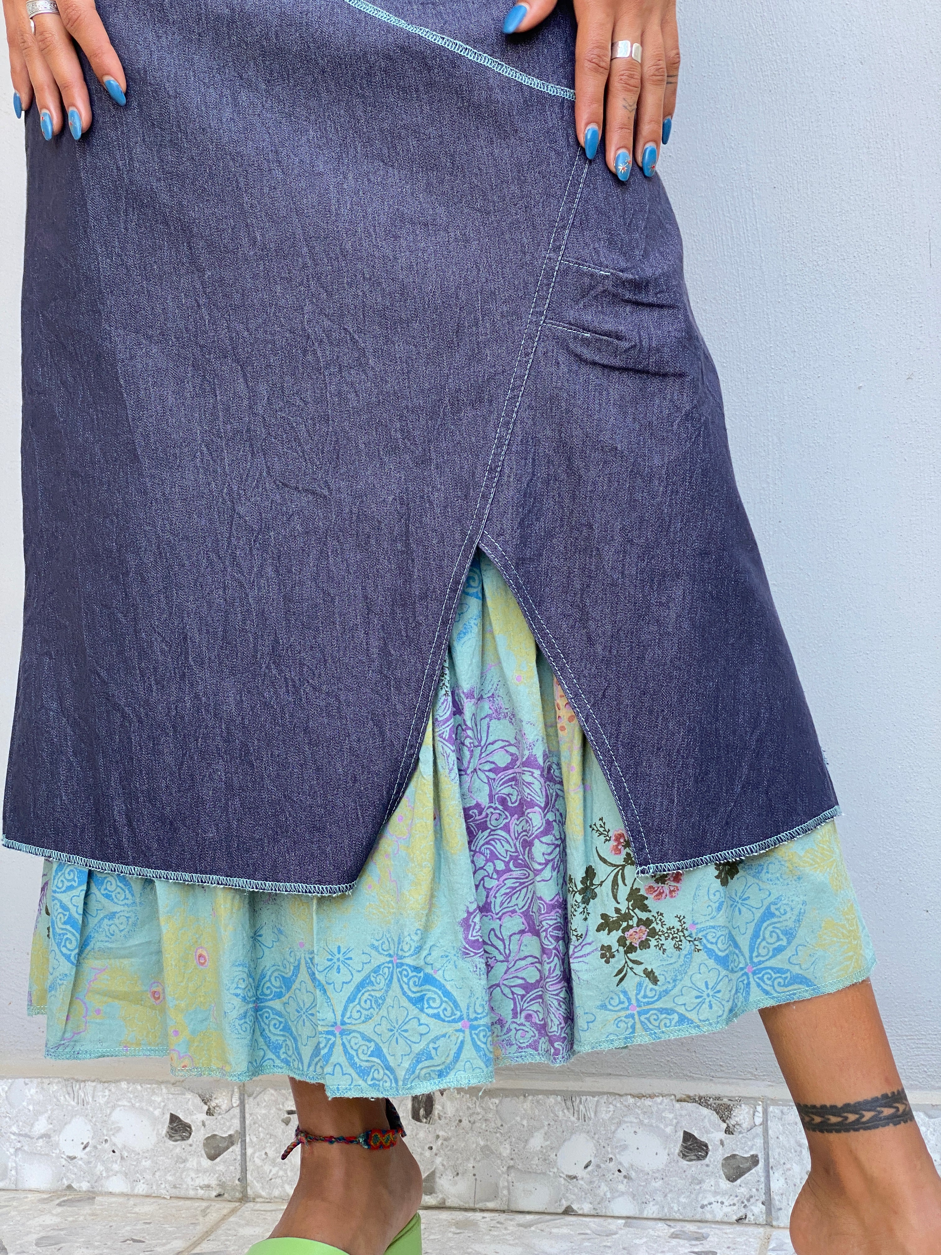 Vintage Y2K Renato Bene Paris Chambray Overlay Floral Midi Skirt Asymmetrical Layered Boho Skirt - S