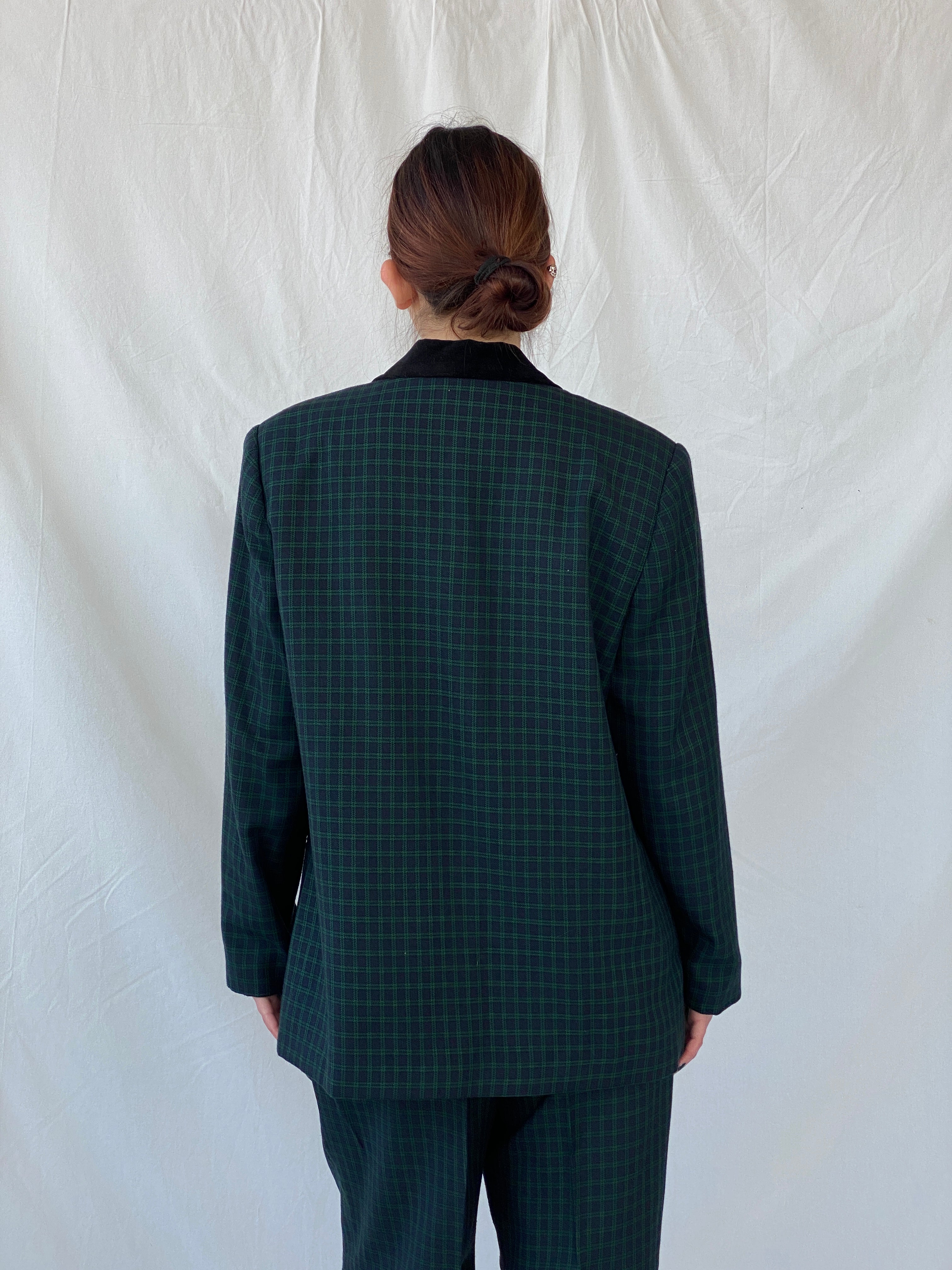 Vintage LESLIE FAY Sportswear Black and Green Plaid Blazer Pants Power Suit Set - XL