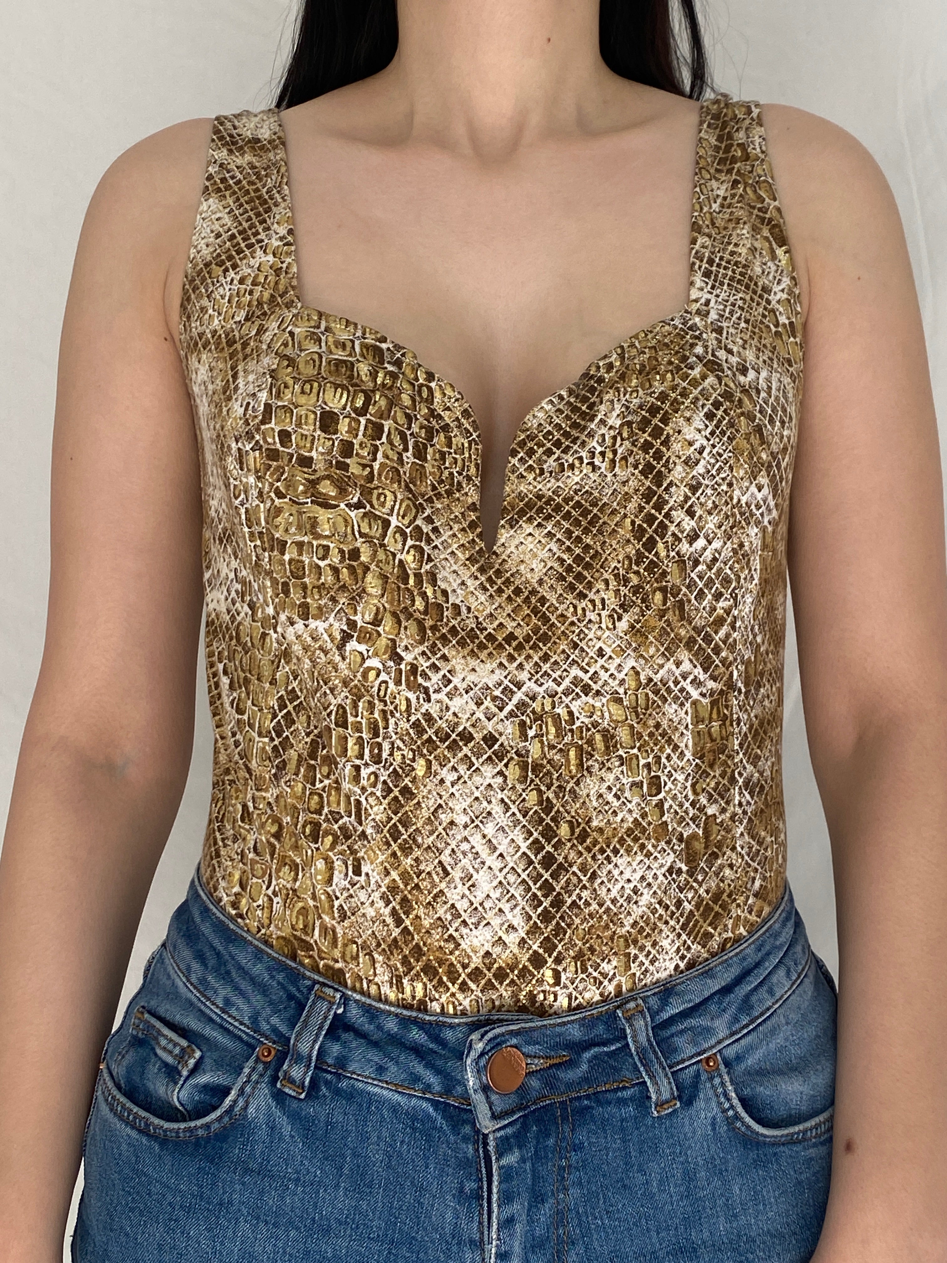 Vintage Y2K Michel Adam Gold Brown Snake Print Low Back Bodysuit - M