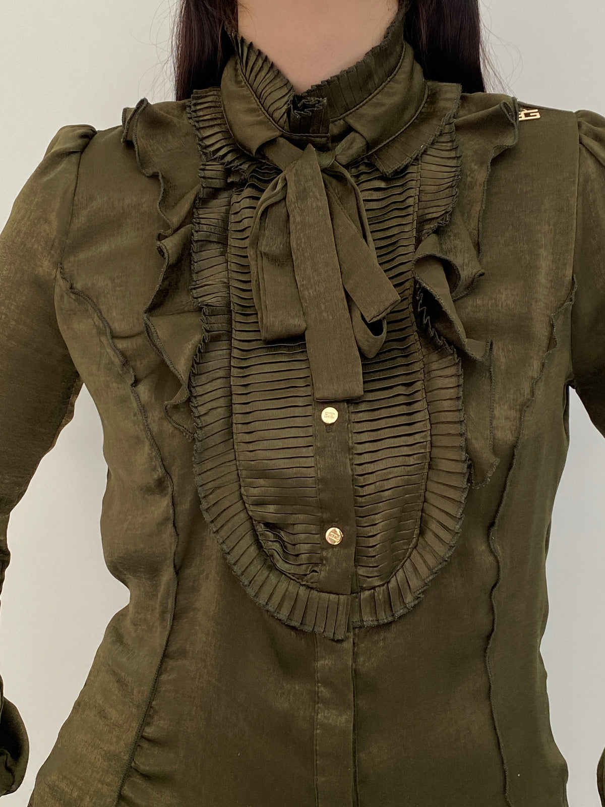 Goldie Estelle Olive Green Long Sleeve Shirt Ruffle Bow Blouse – M