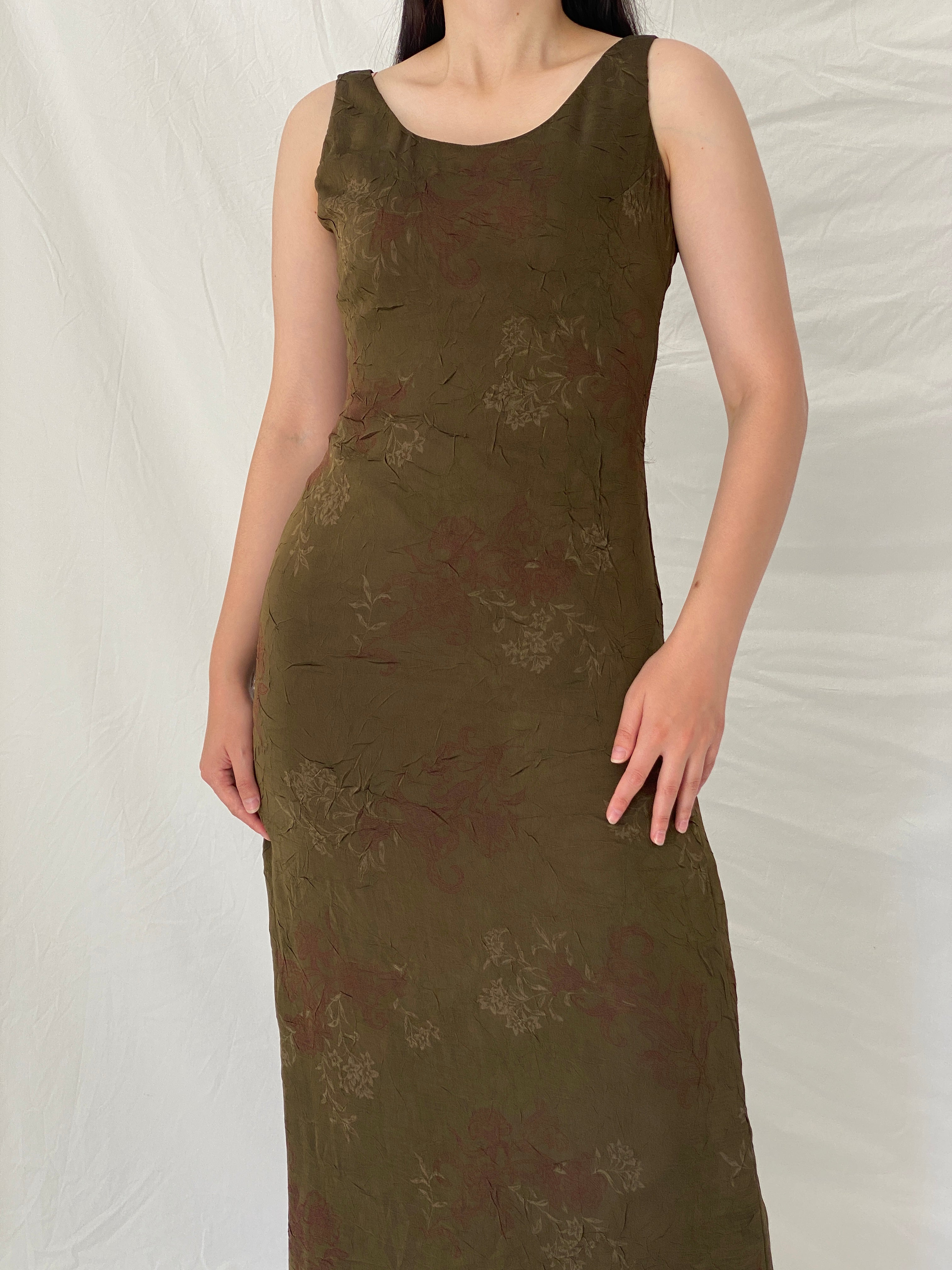 Vintage Y2K Jones Wear Olive Floral Crinkle Maxi Dress - S