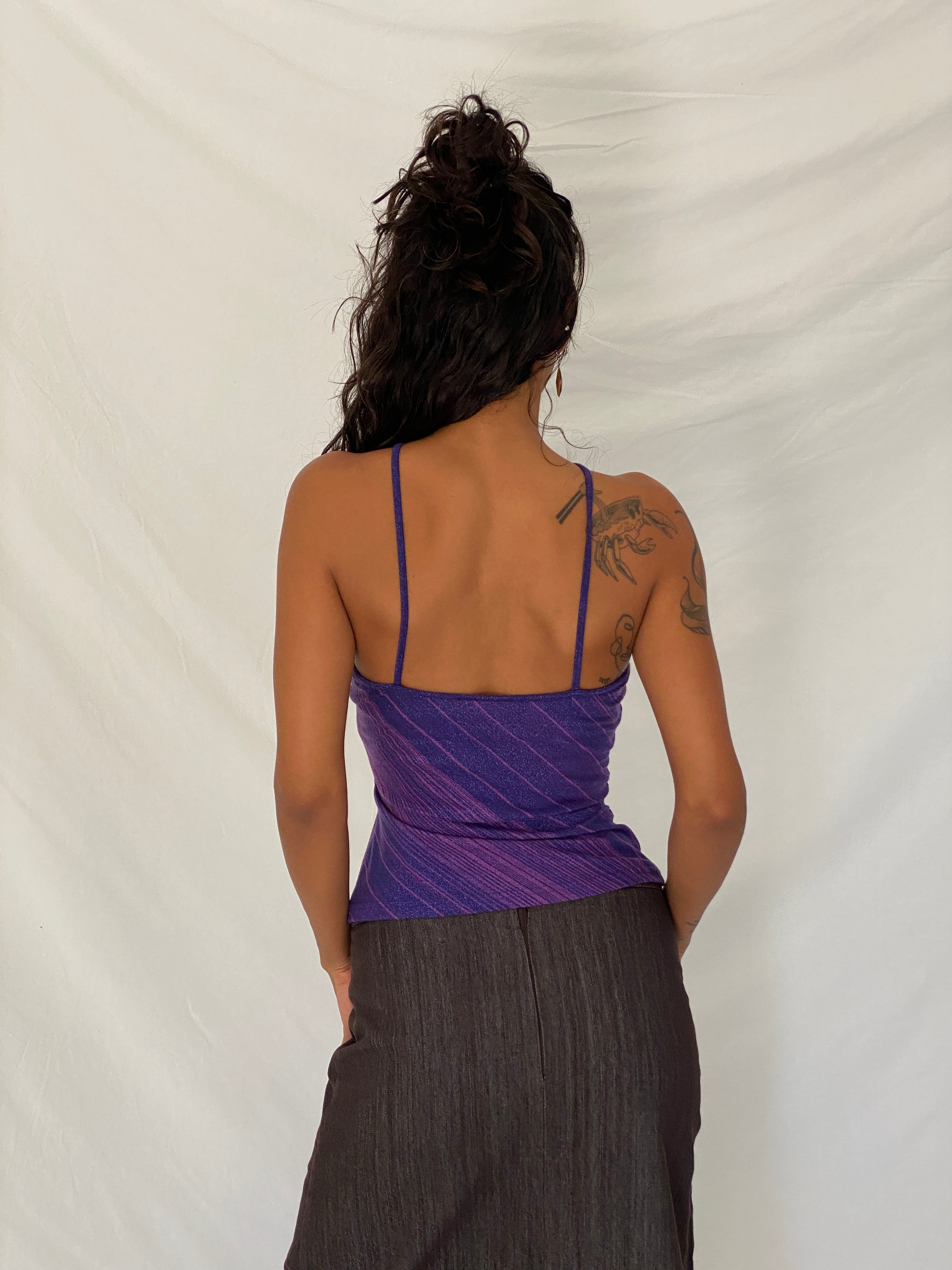 Vintage Y2K Express Purple Metallic Striped O-Ring Halter Top - S