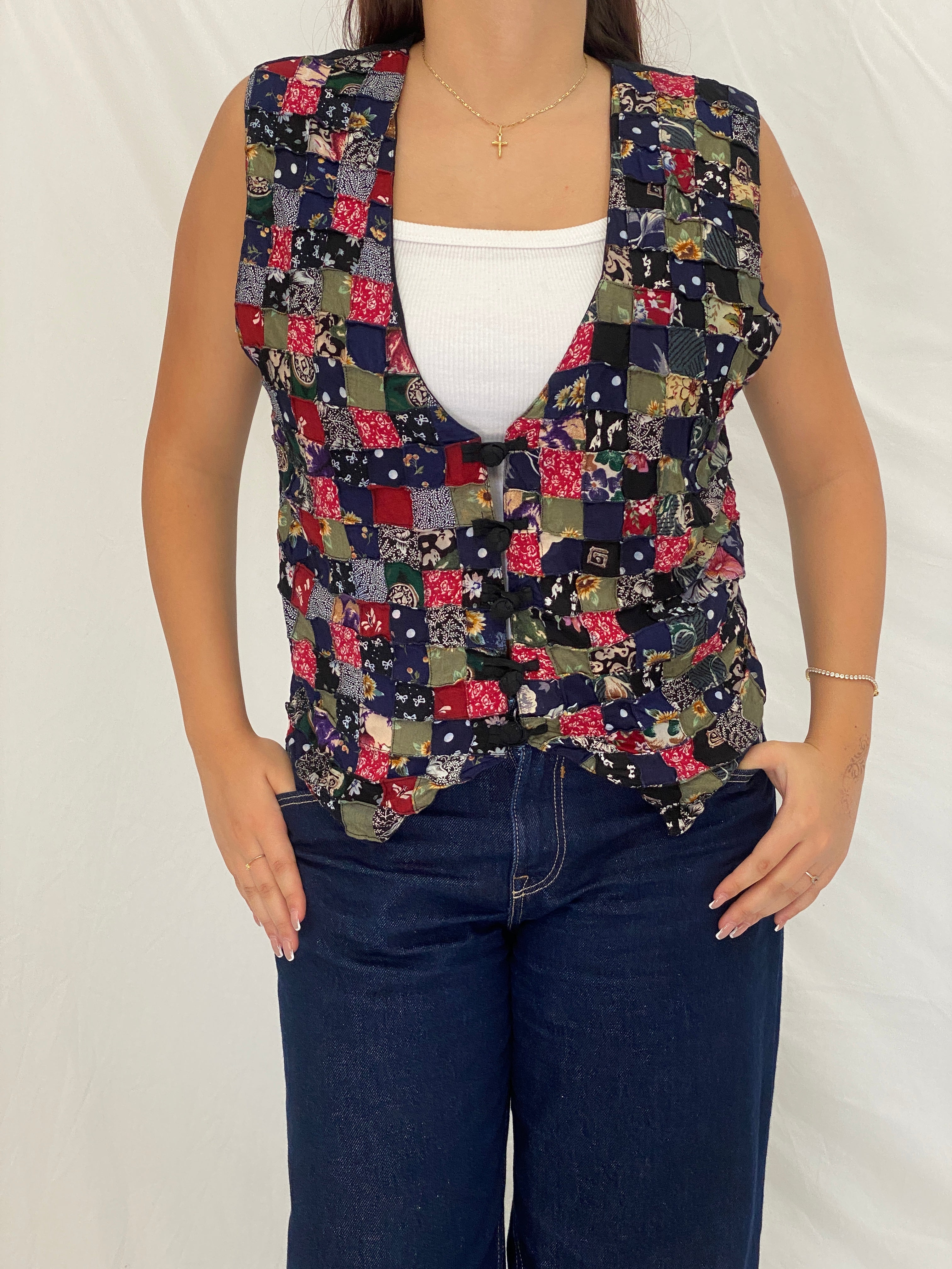 Vintage 90s Soul Mate’s Patchwork Tie-Back Vest Multicolor Boho Art Wear - L