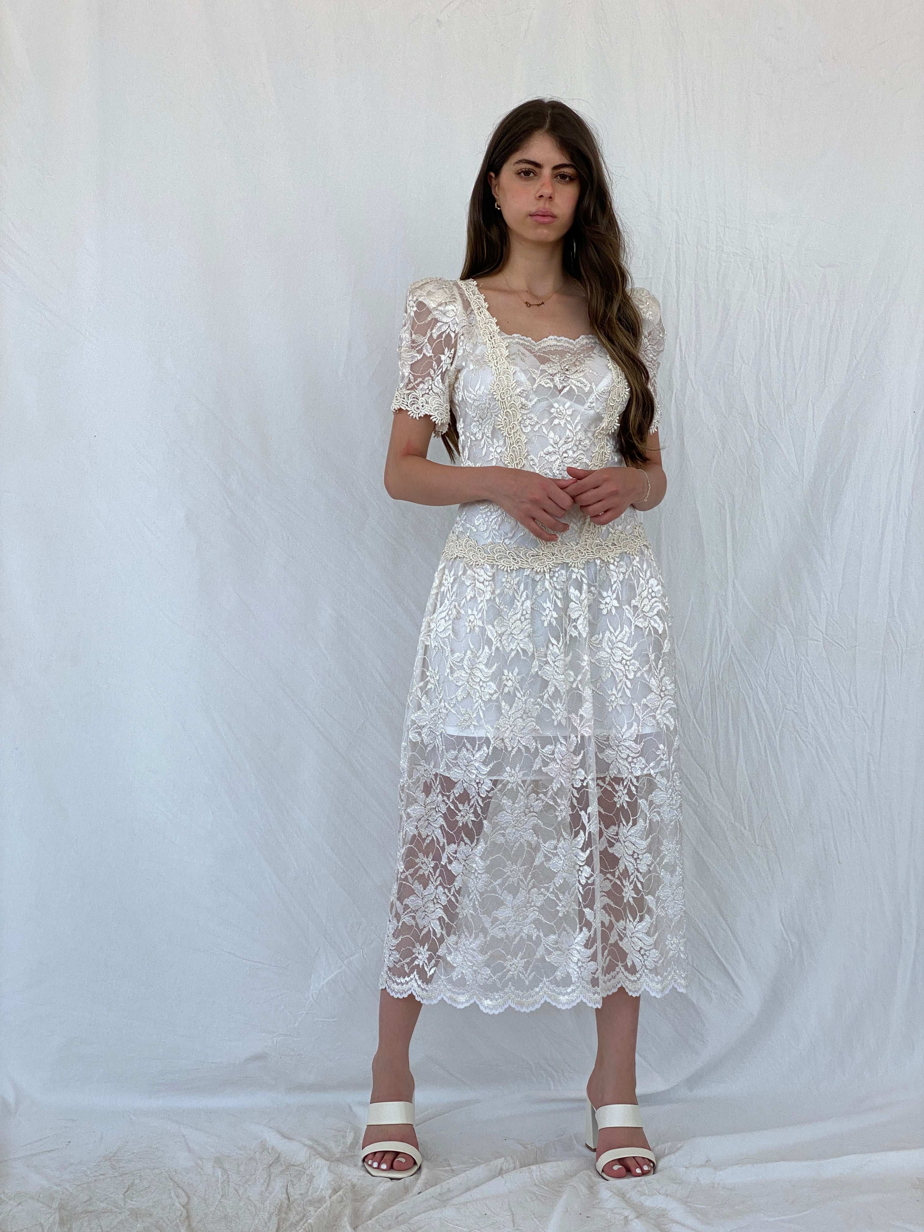 Vintage 1980‘s Art Deco Floral Lace Midi Dress - S - Balagan Vintage Midi Dress 00s, 90s, dress, midi dress, Mira, NEW IN, rare find, Wedding Guest