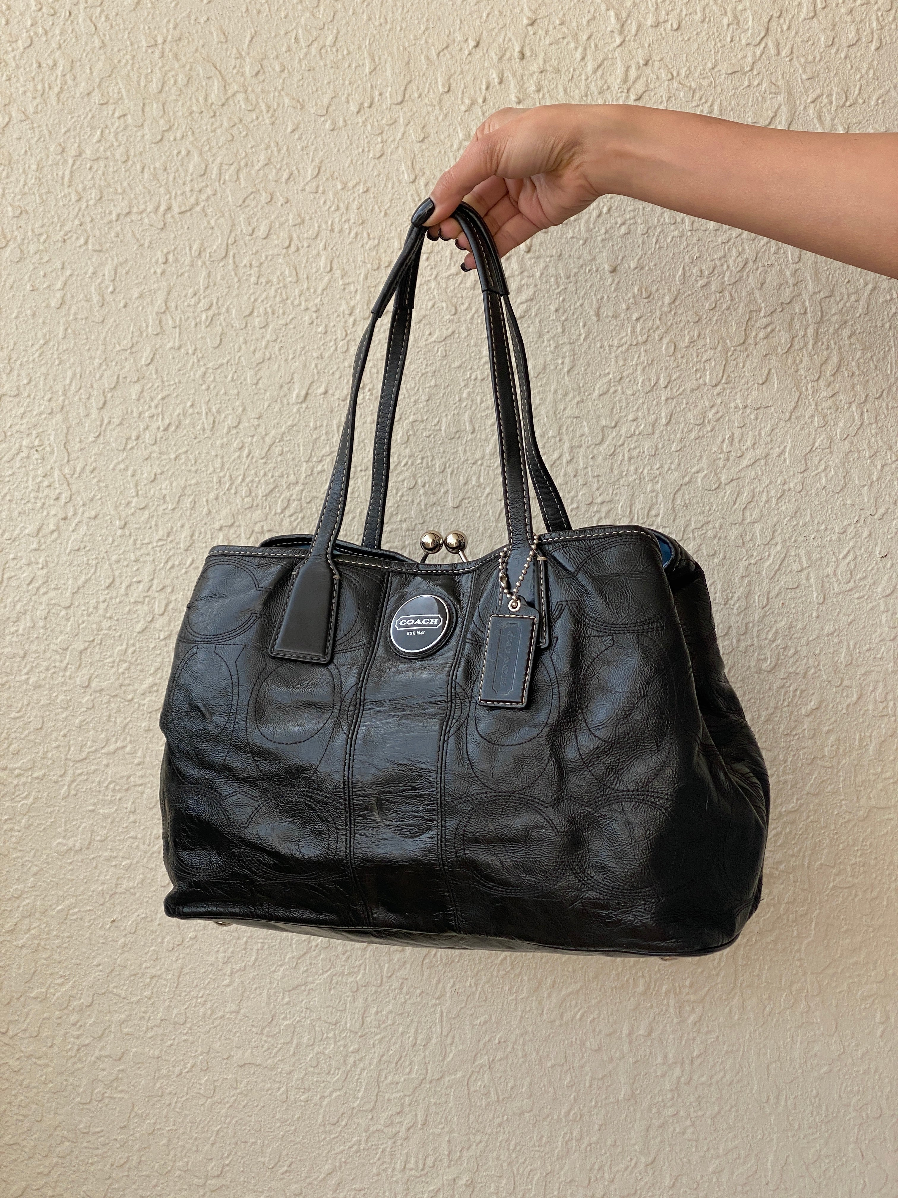 Vintage Y2K Coach Black Embossed Leather Shoulder Tote Bag Style F15658