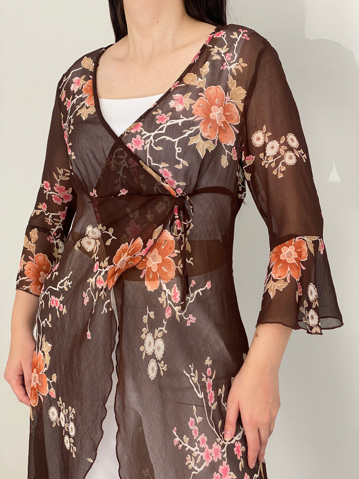 Y2K Une Mode Pour Moi Brown Sheer Floral Wrap Tunic Top – M