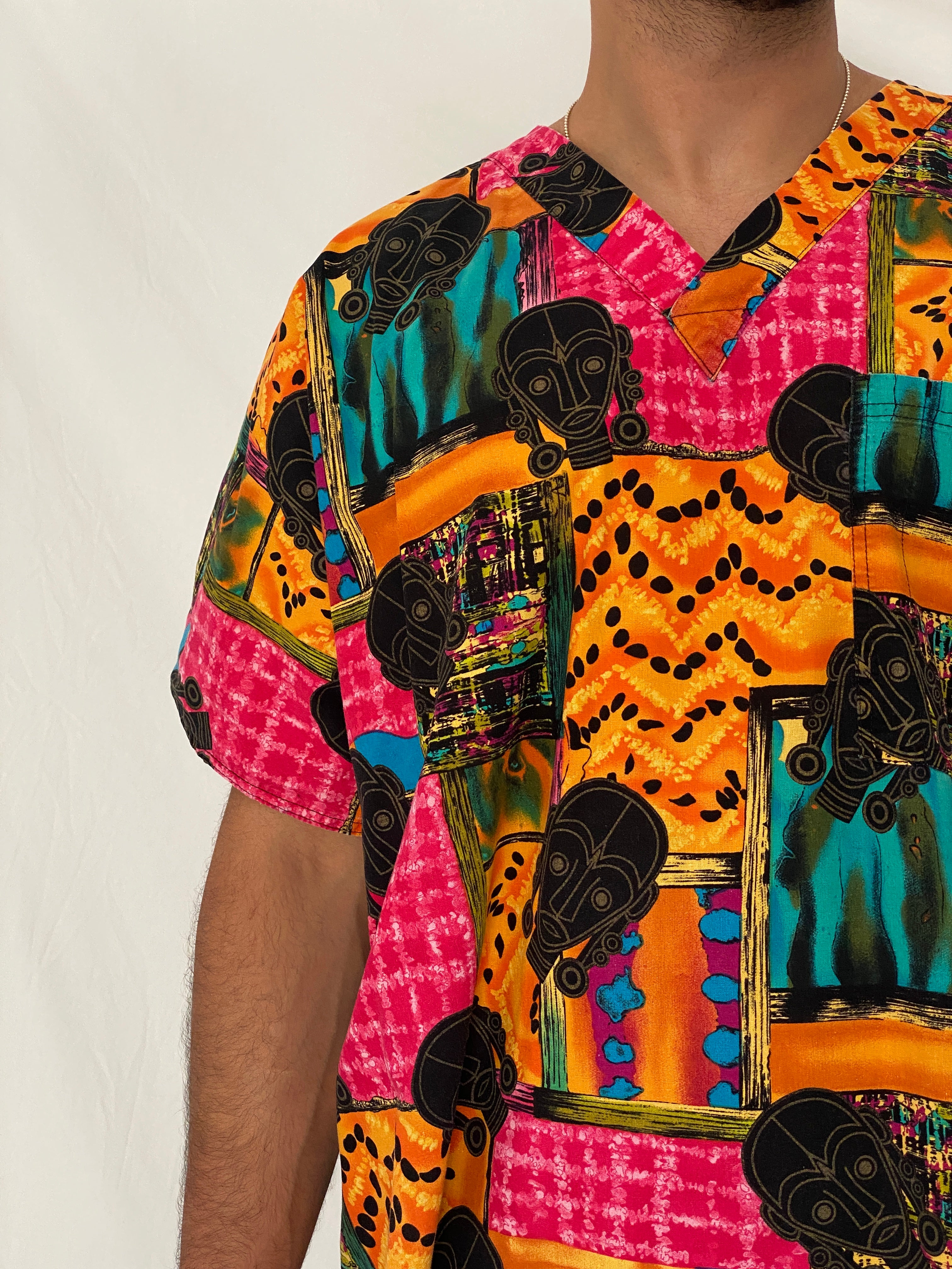 Vintage 90s S.C.R.U.B.S. Abstract African Print Cotton Scrub Top - 2XL