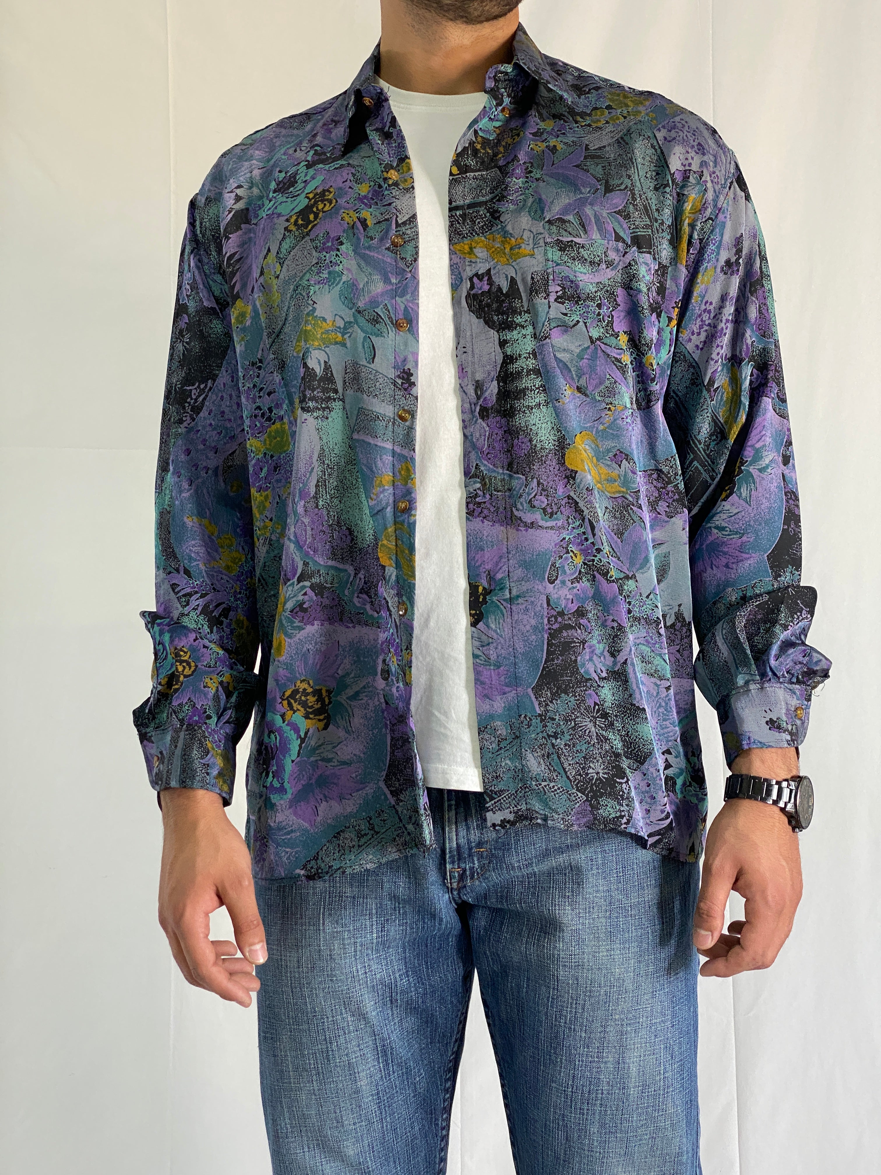 Vintage Purple And Teal Abstract Long Sleeve Floral Men’s Silk Shirt - L