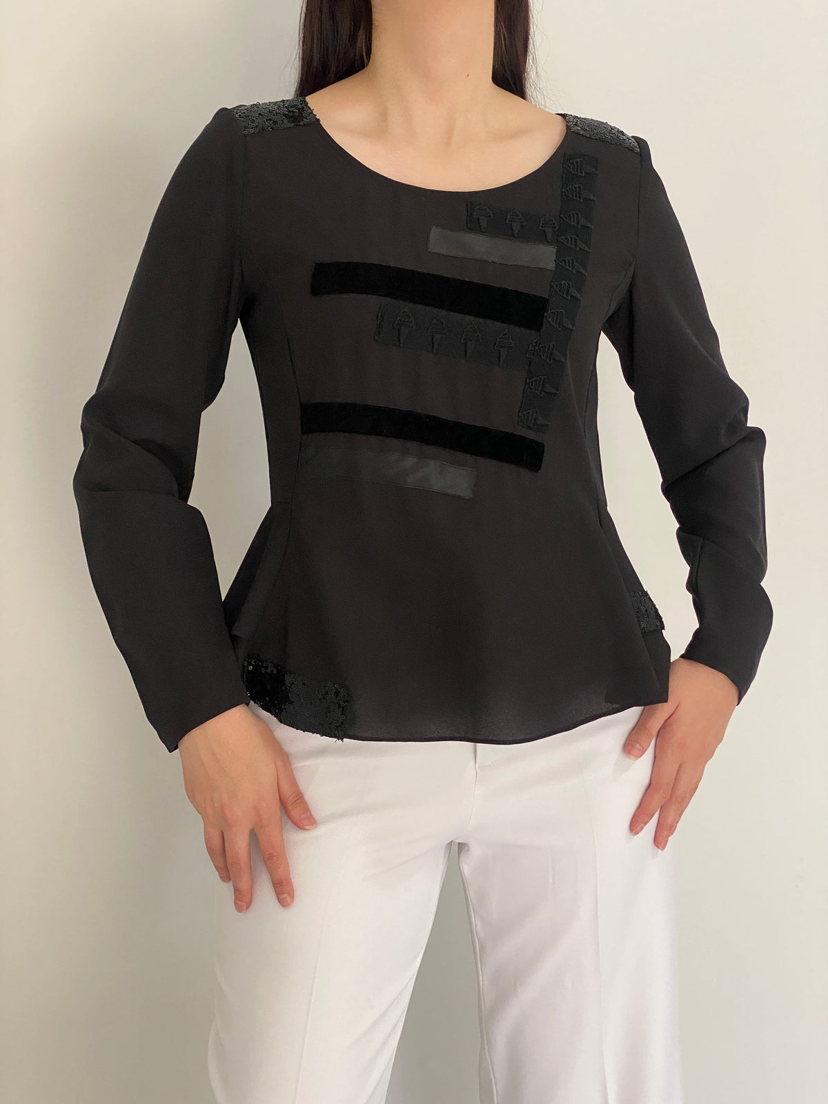 Vintage SÃO PAULO Black Sequin Patched Peplum Evening Top – S