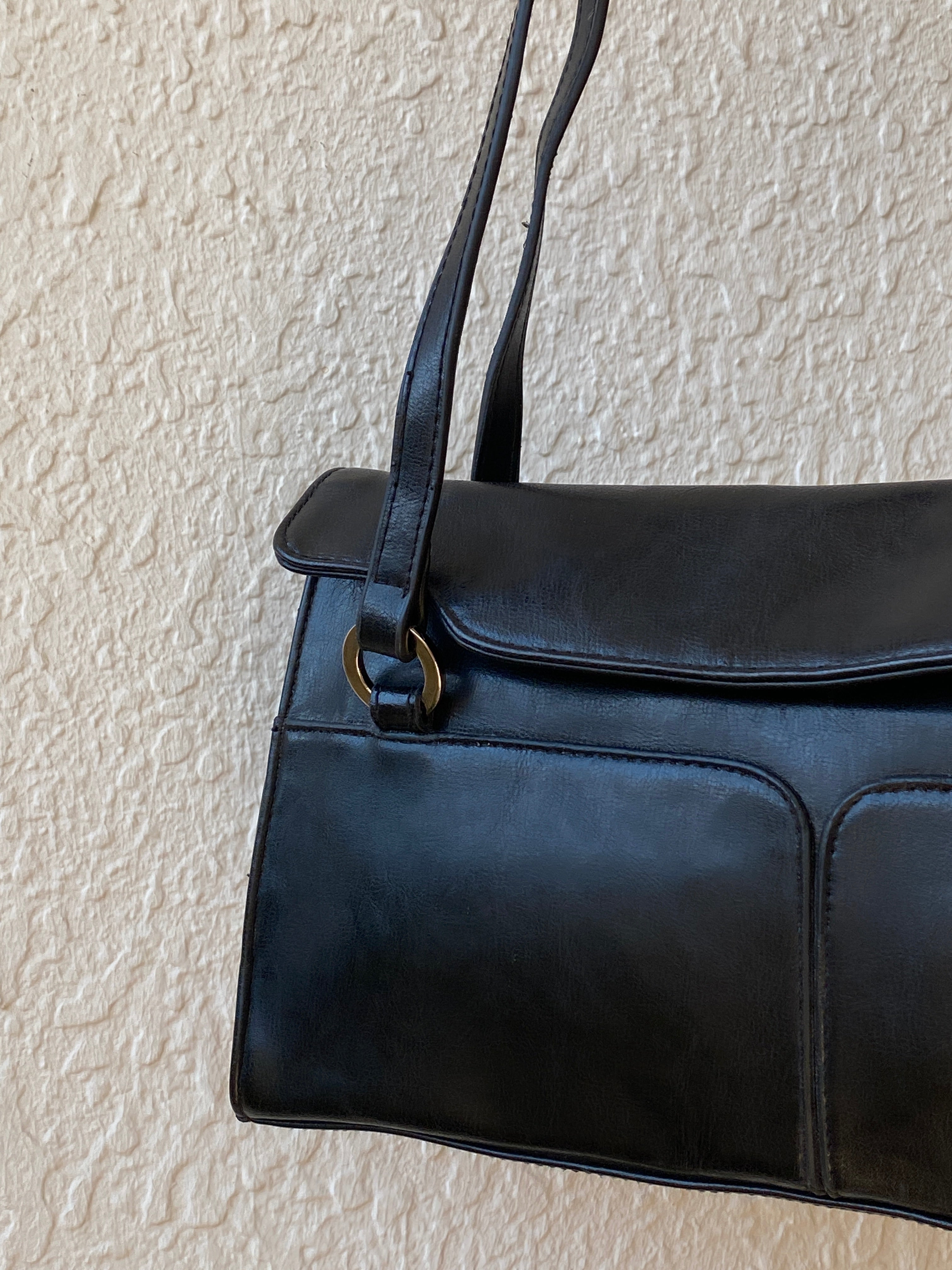 Vintage 90s Black Minimalist Double Pocket Shoulder Bag