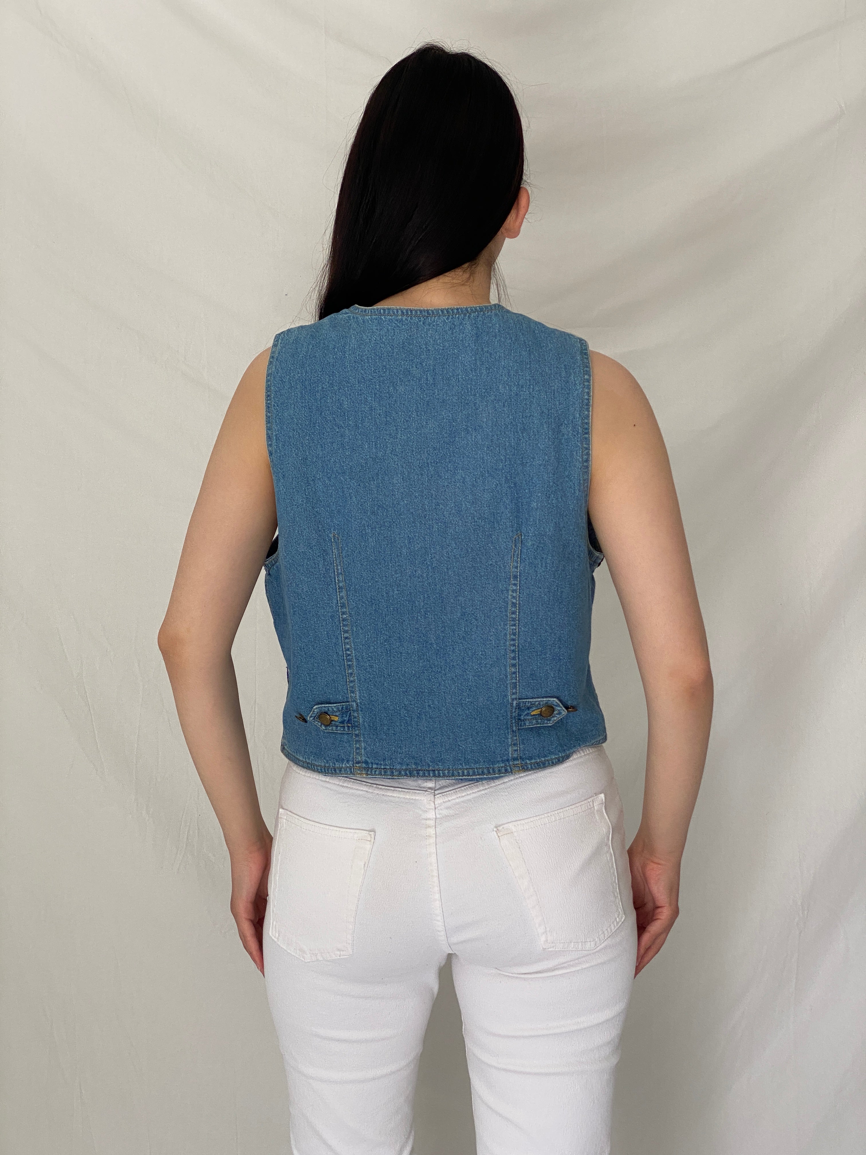 Vintage Y2K Liz Wear Denim Vest Boho Tapestry Trim Button Front Cropped Jean Waistcoat – M