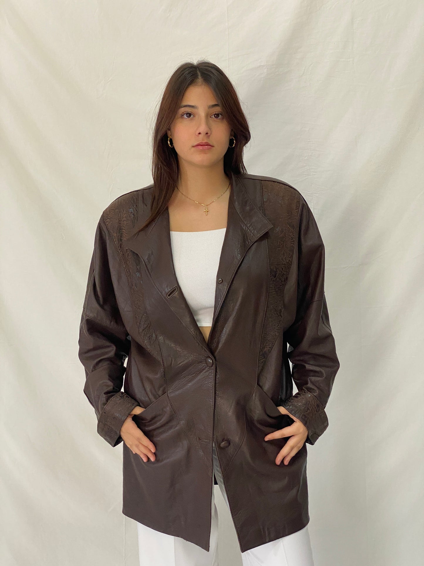 Vintage 1985 Brown Leather Blazer Coat Spanish Sheepskin Embossed Patchwork Jacket - L