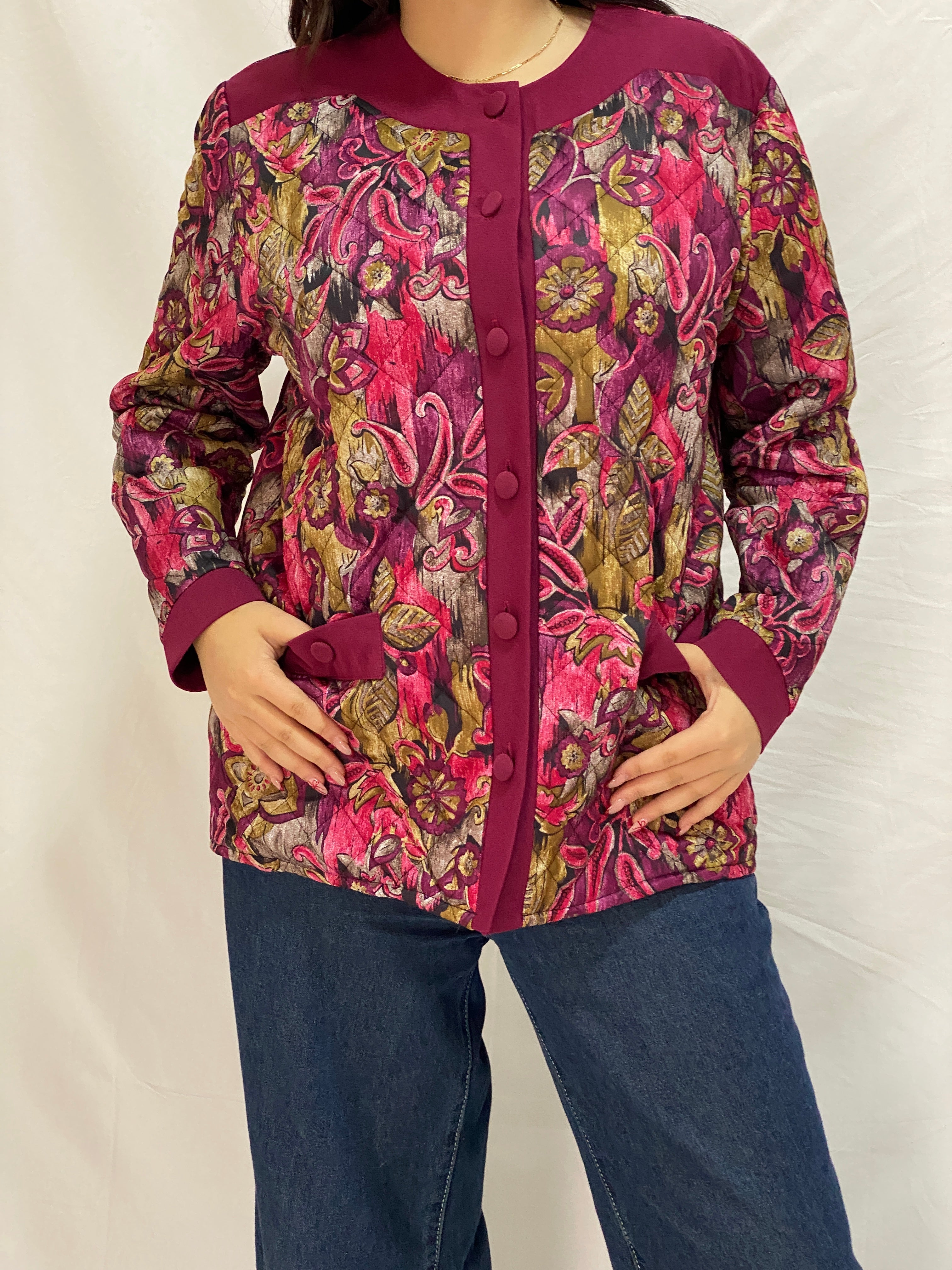 Vintage Quilted Floral Jacket Burgundy & Pink Paisley Button-Up Jacket - XL