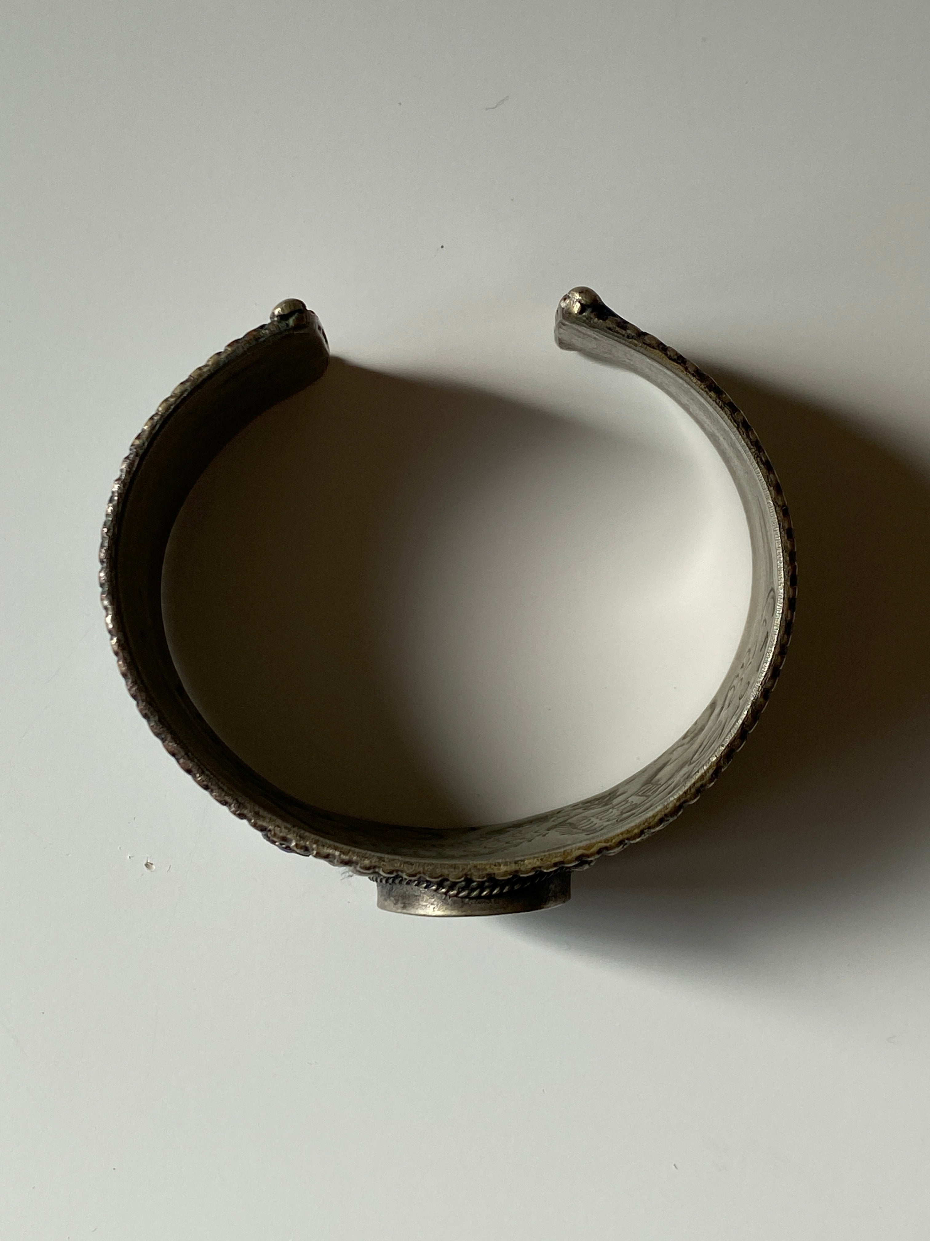 Vintage Tibetan Turquoise Om Cuff Silver Tone Dragon Engraved Bracelet