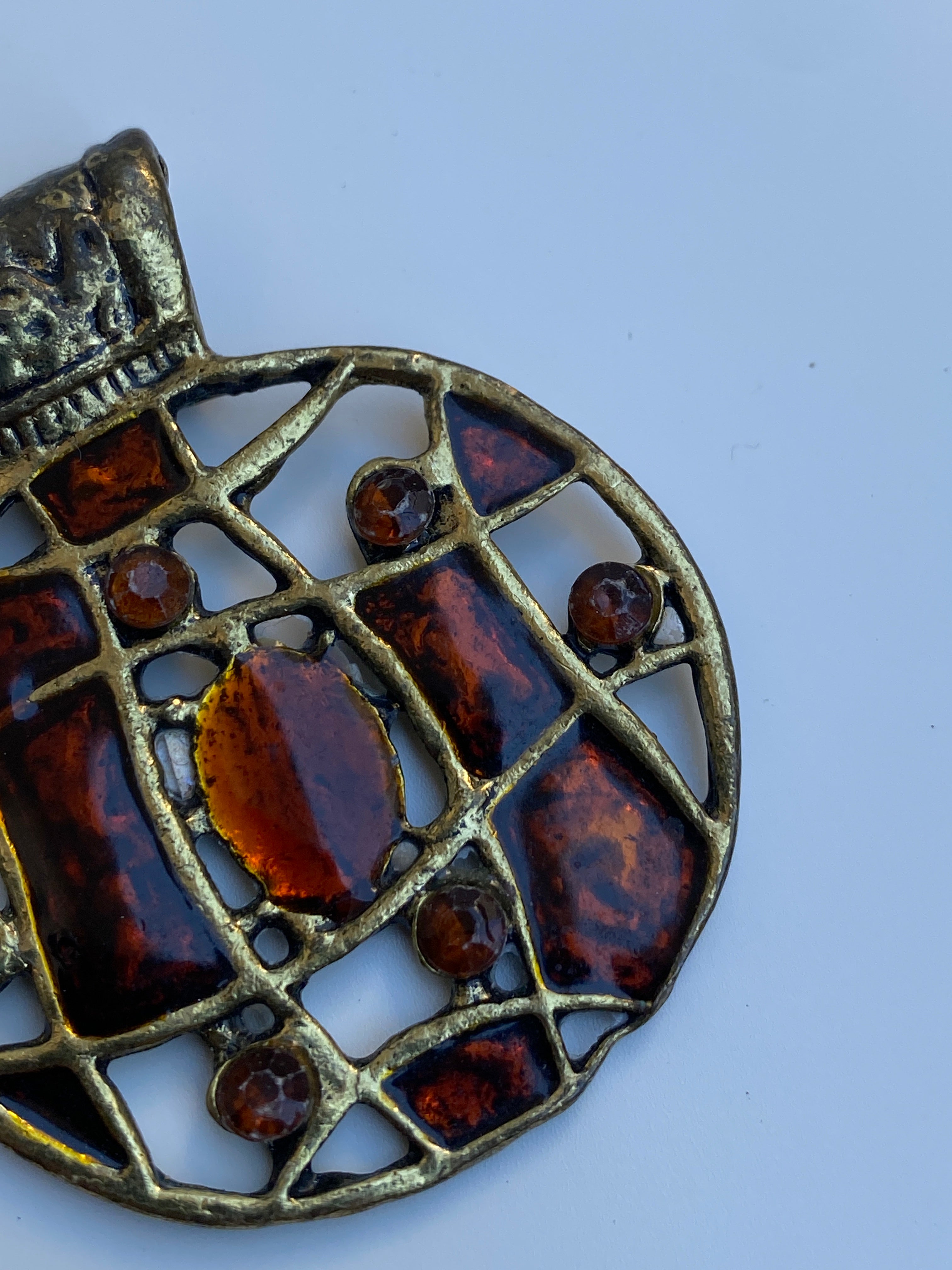Vintage Brutalist Amber Glass Mosaic Artisan Round Pendant