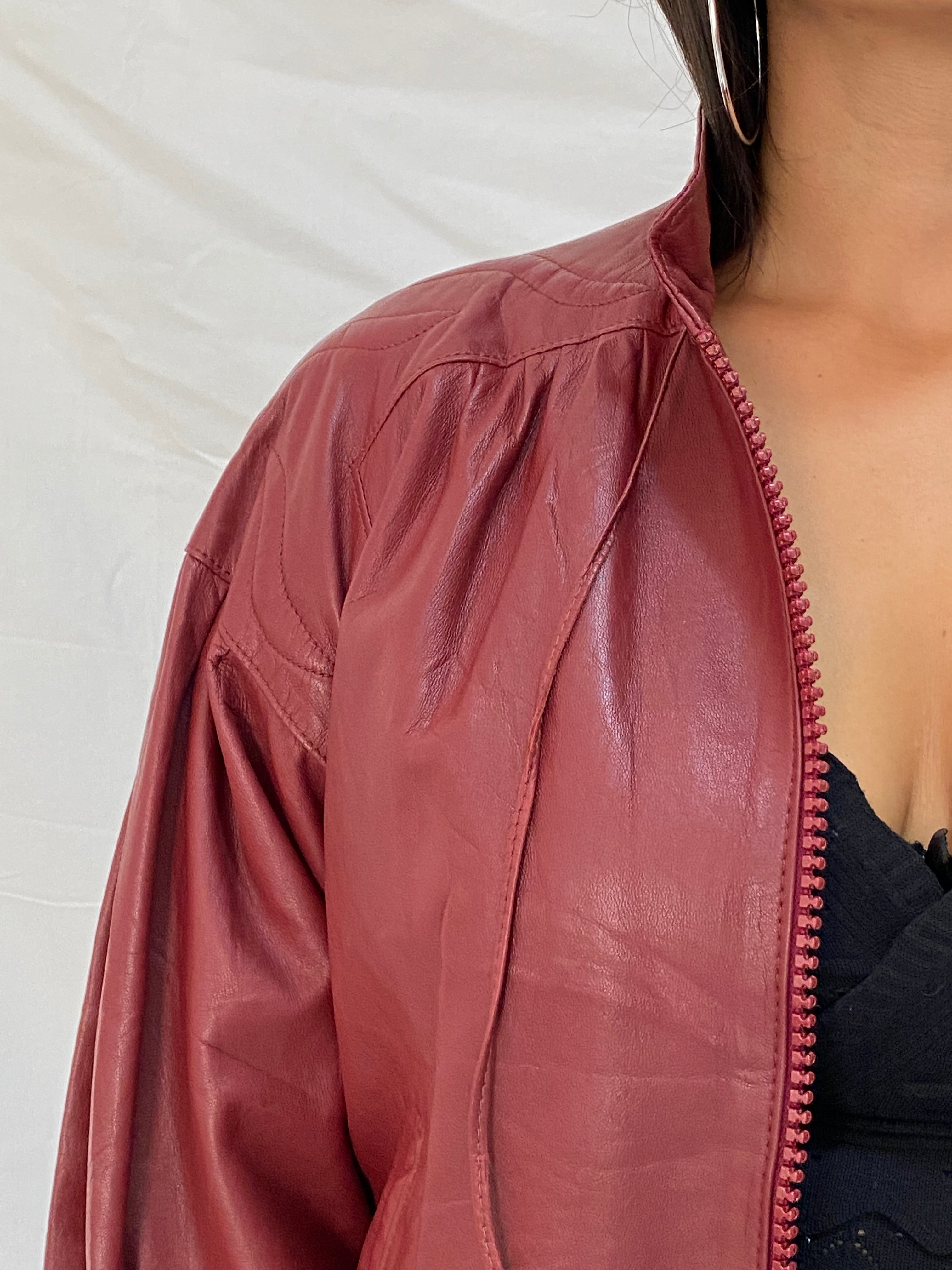 Rare Vintage Humberto J'Re Maroon Leather Bomber Dolman Sleeve Jacket - L