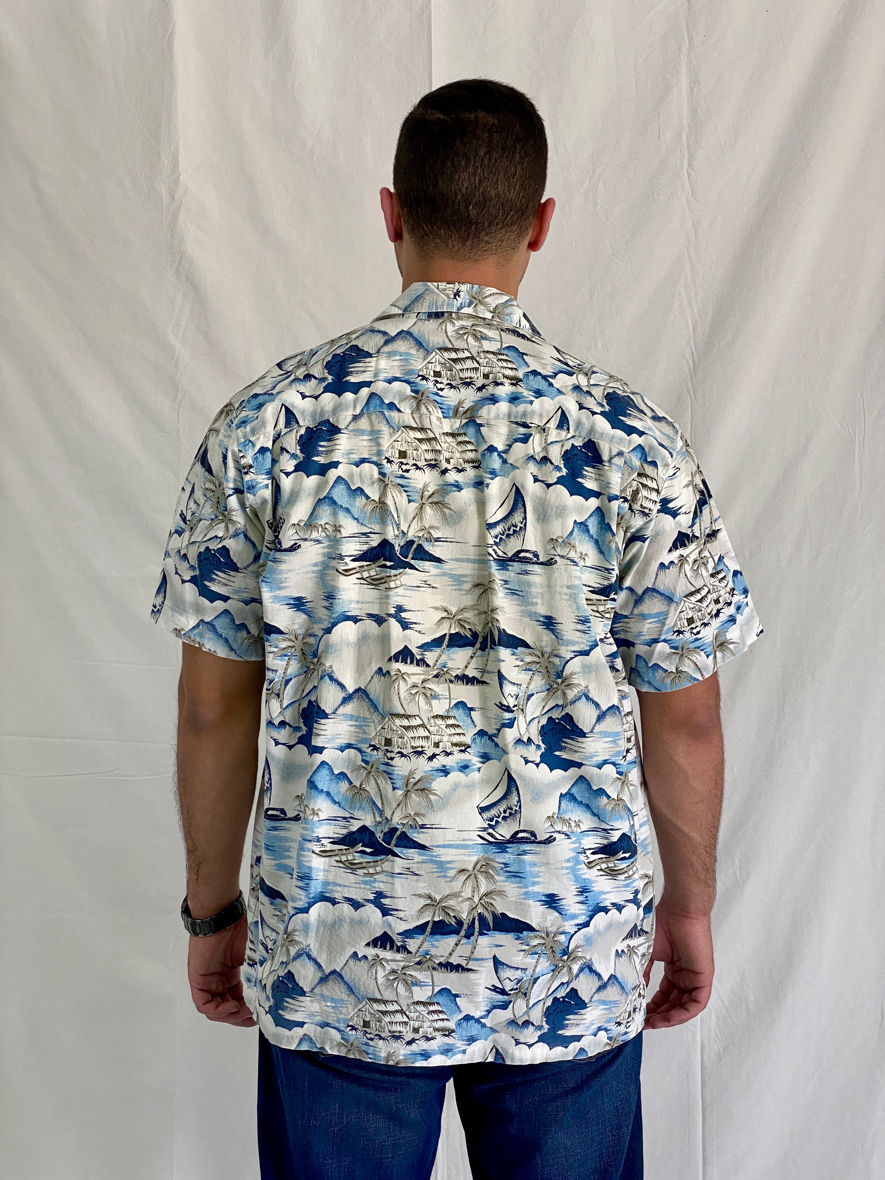 Vintage CHEROKEE Cotton Tropical Blue Island Men’s Hawaiian Shirt - L
