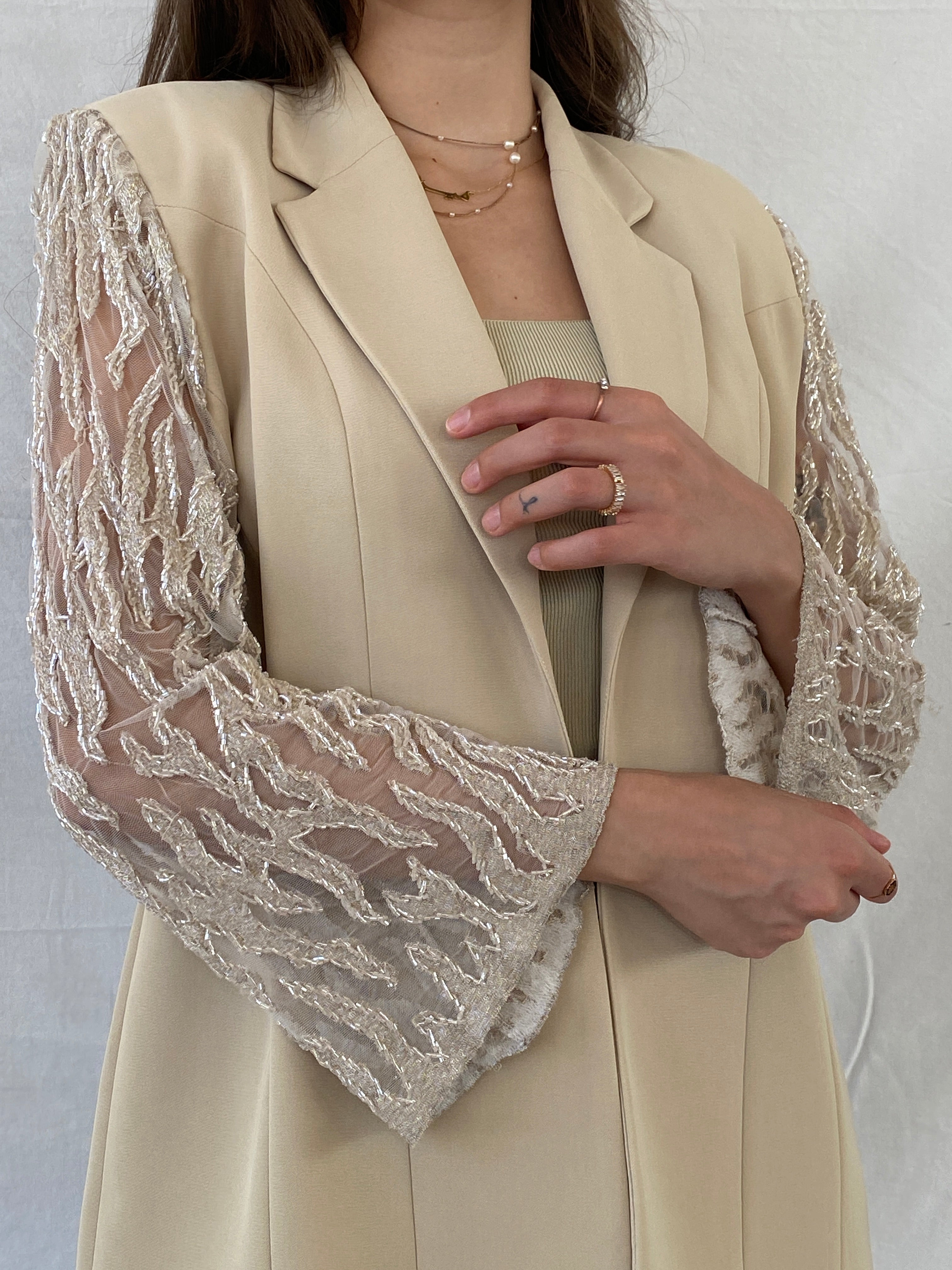 Elegant 00s Verona Beaded Mesh Sleeves Beige Evening Blazer - M