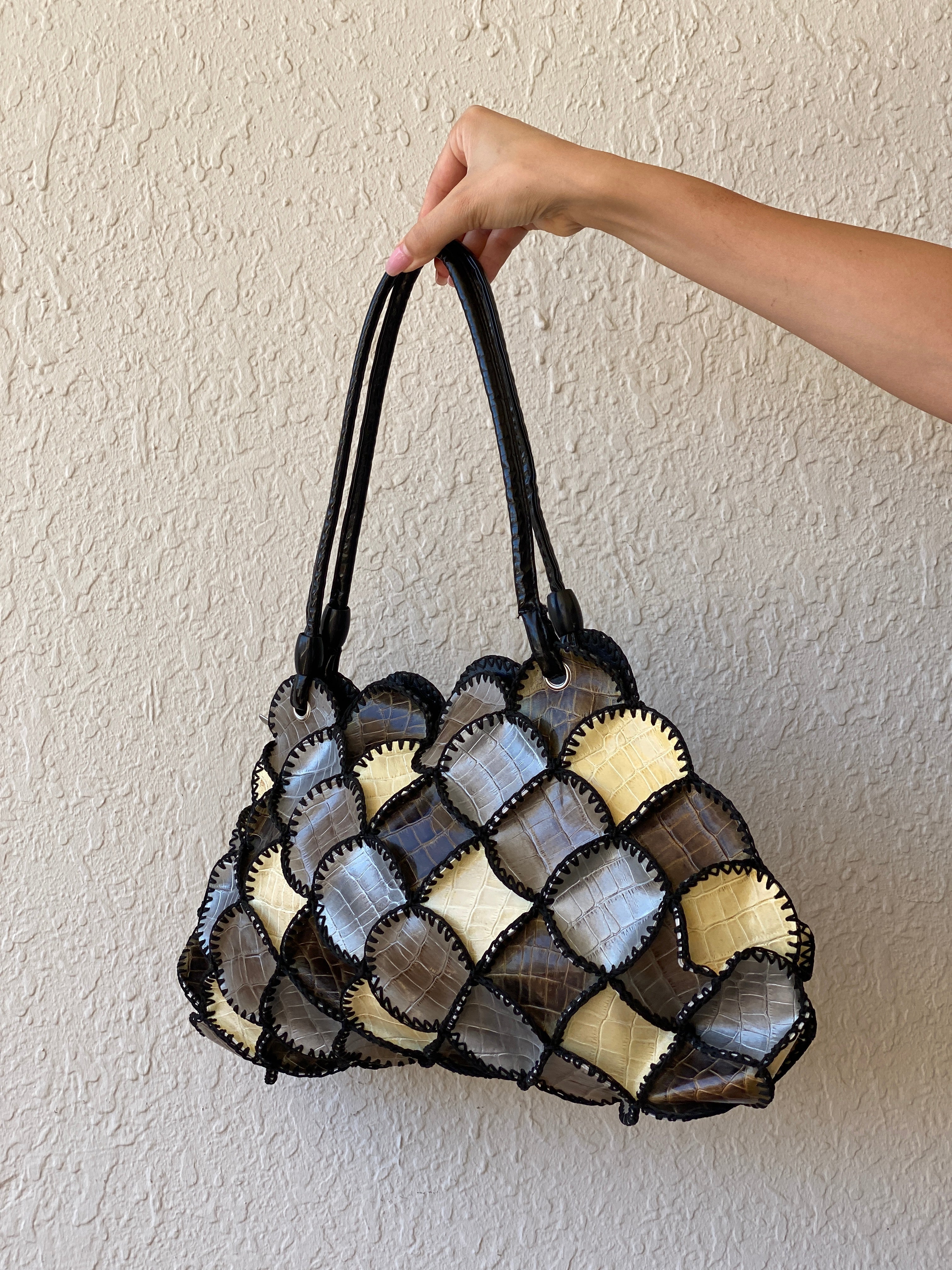 Vintage Y2K Boho Crochet Faux Snake Leather Patchwork Shoulder Bag