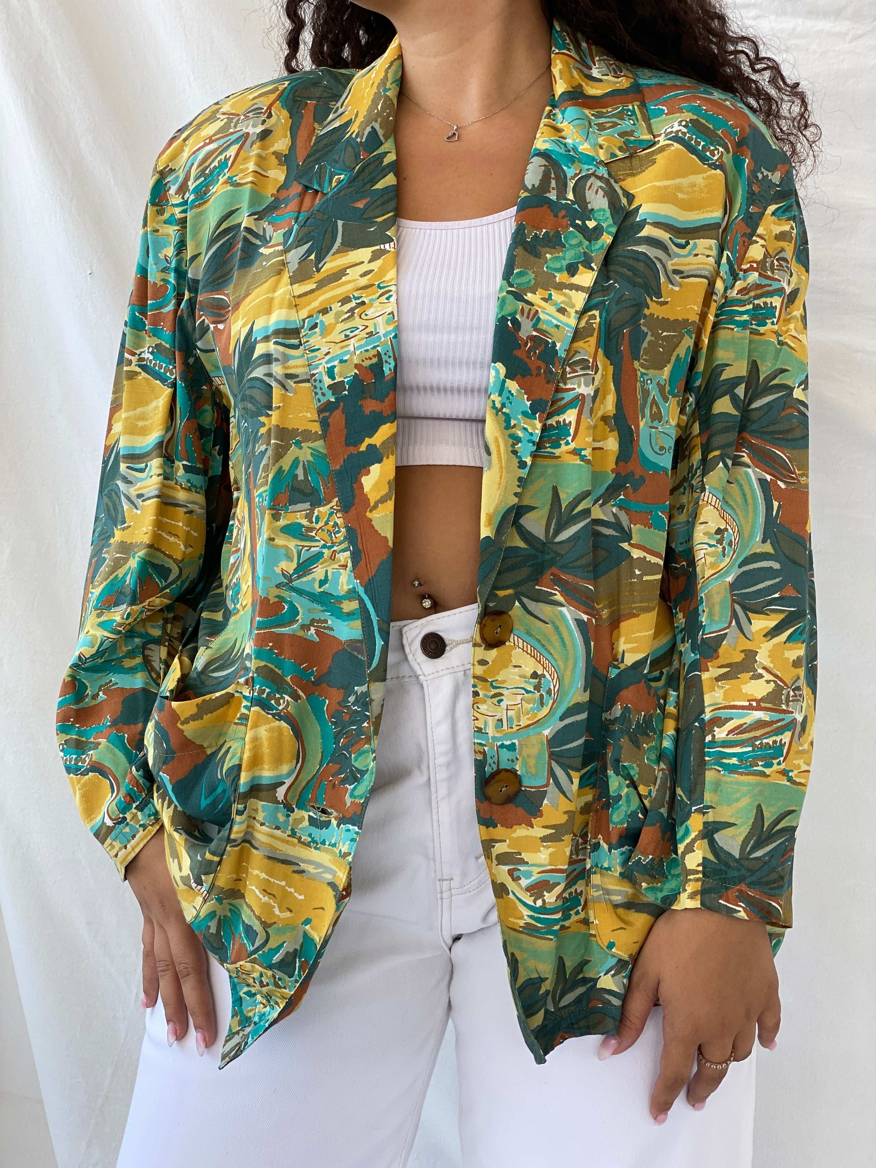 Vintage Handmade Multicolor Afro-Print Green and Yellow Blazer - L - Balagan Vintage Half Sleeve Blazer 00s, 90s, Afro print, blazer, Dina, full sleeve blazer, mesh, mesh top, NEW IN