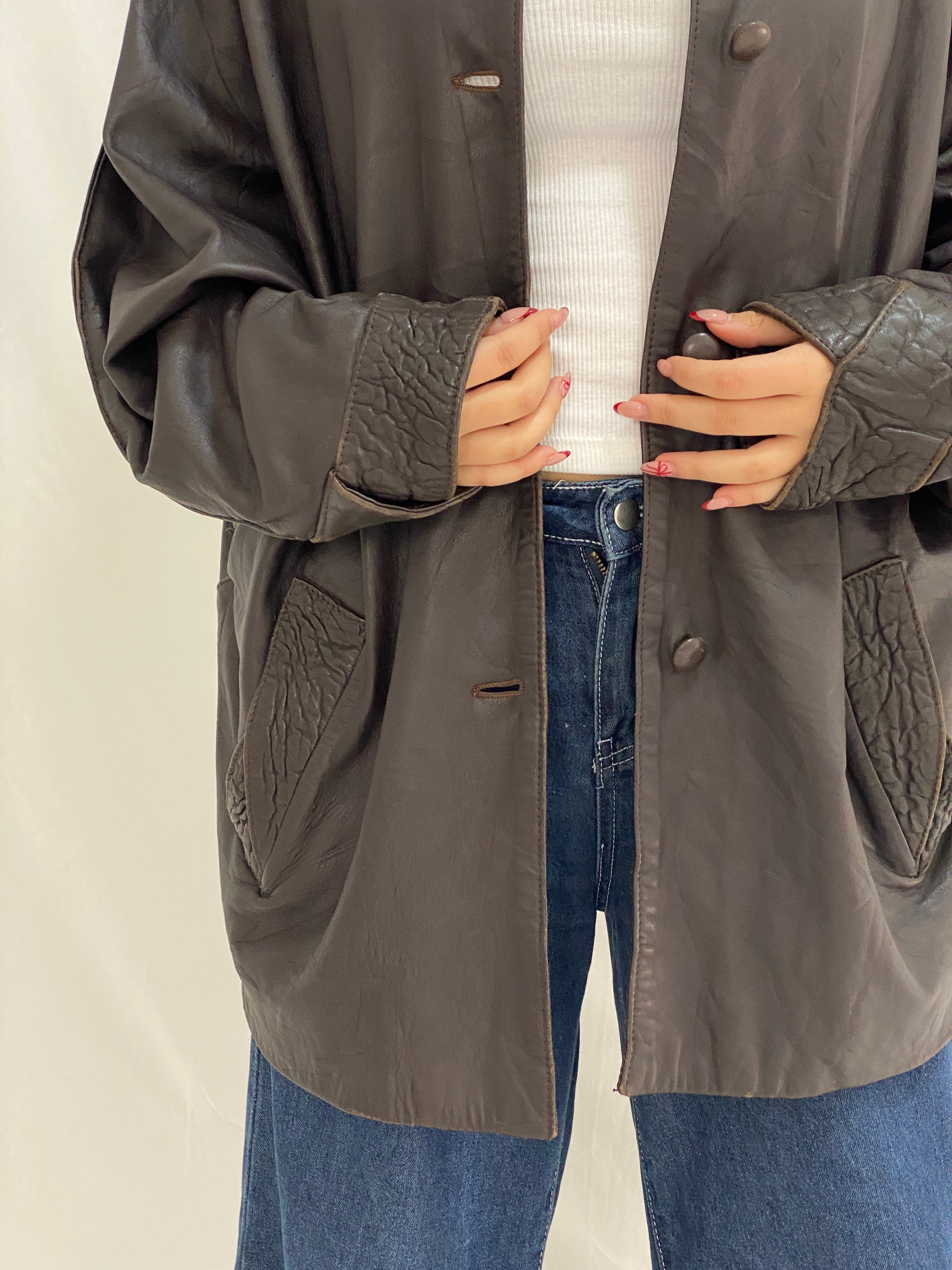 Vintage Brown Leather Coated Oversized Jacket with Textured Collar & Cuff Details - L