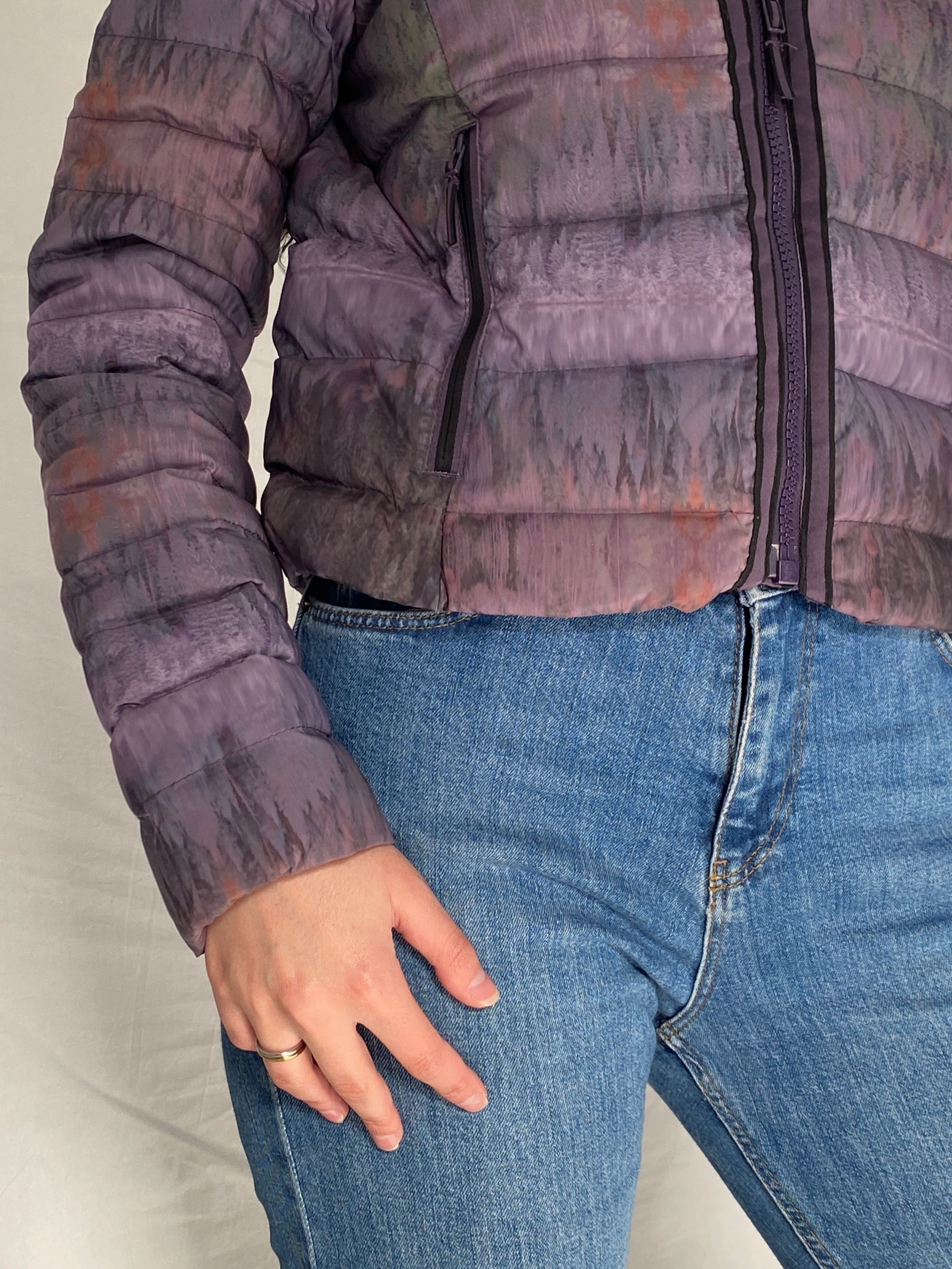 The North Face Purple Forest Print TNF Packable Fitted Puffer Jacket with Hood - M