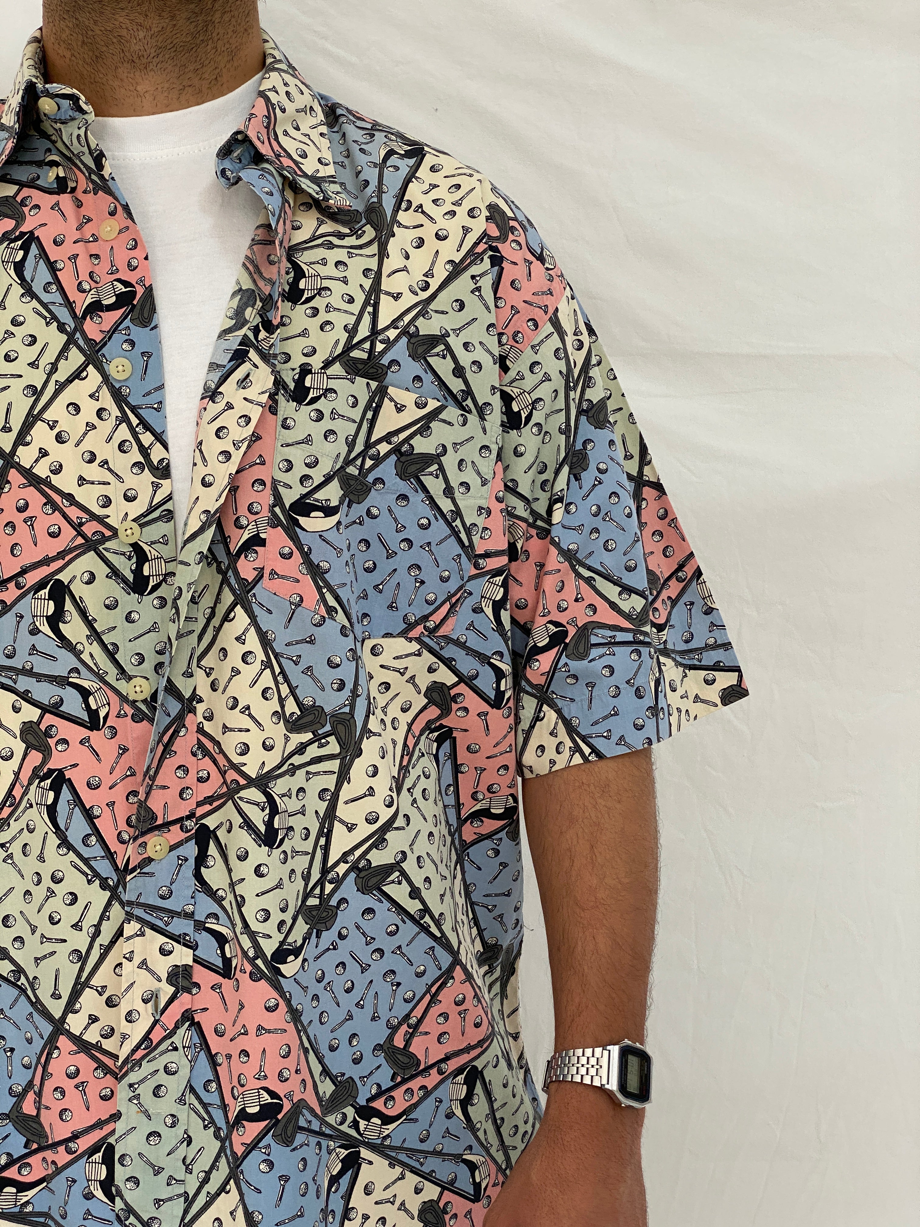 Vintage B.D. Baggies Pastel Golf Print Button Up Shirt Multicolor Abstract Sports Shirt - L