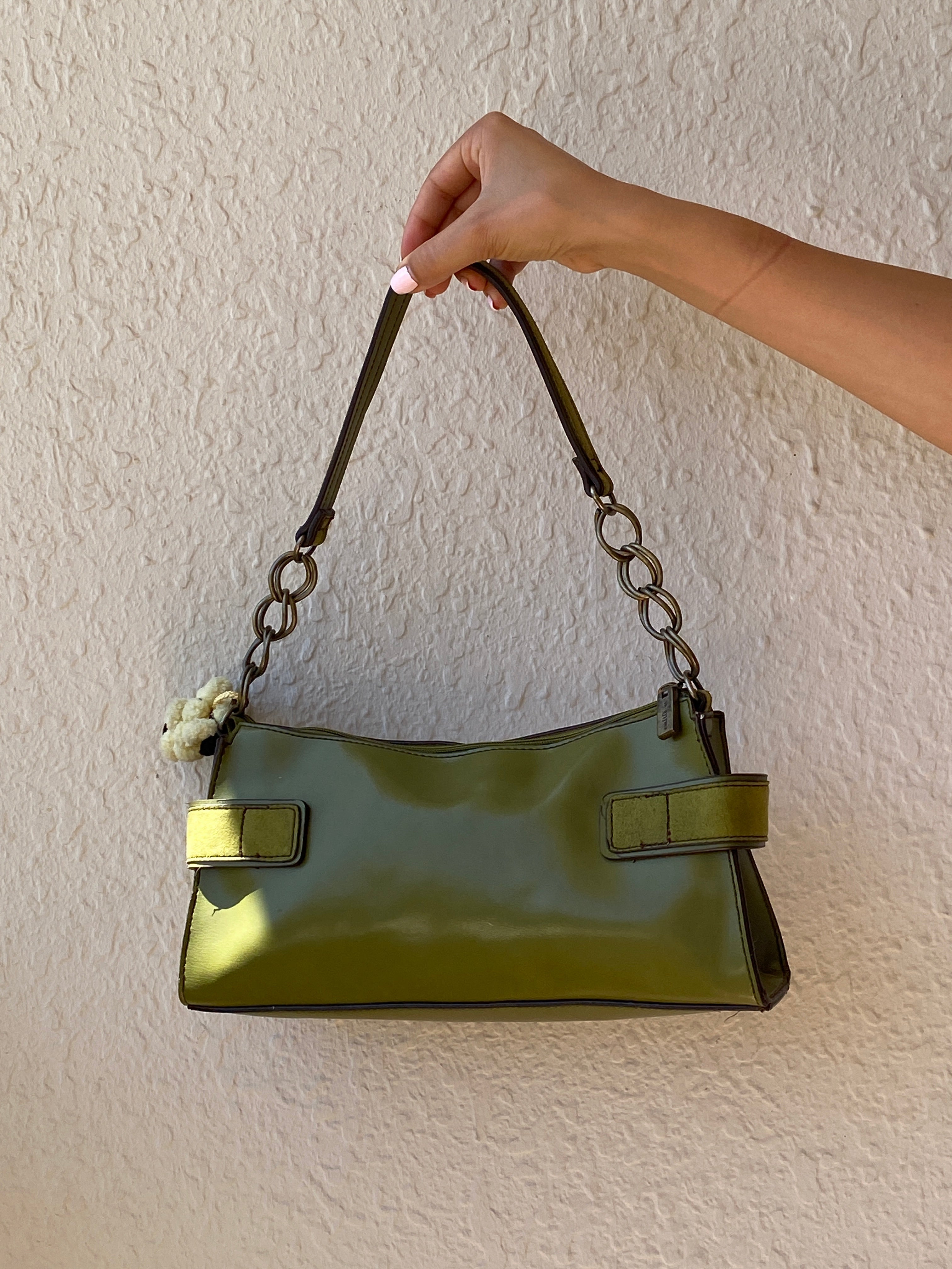 Vintage Emillie M. Green Faux Leather Shoulder Bag with Chain Strap