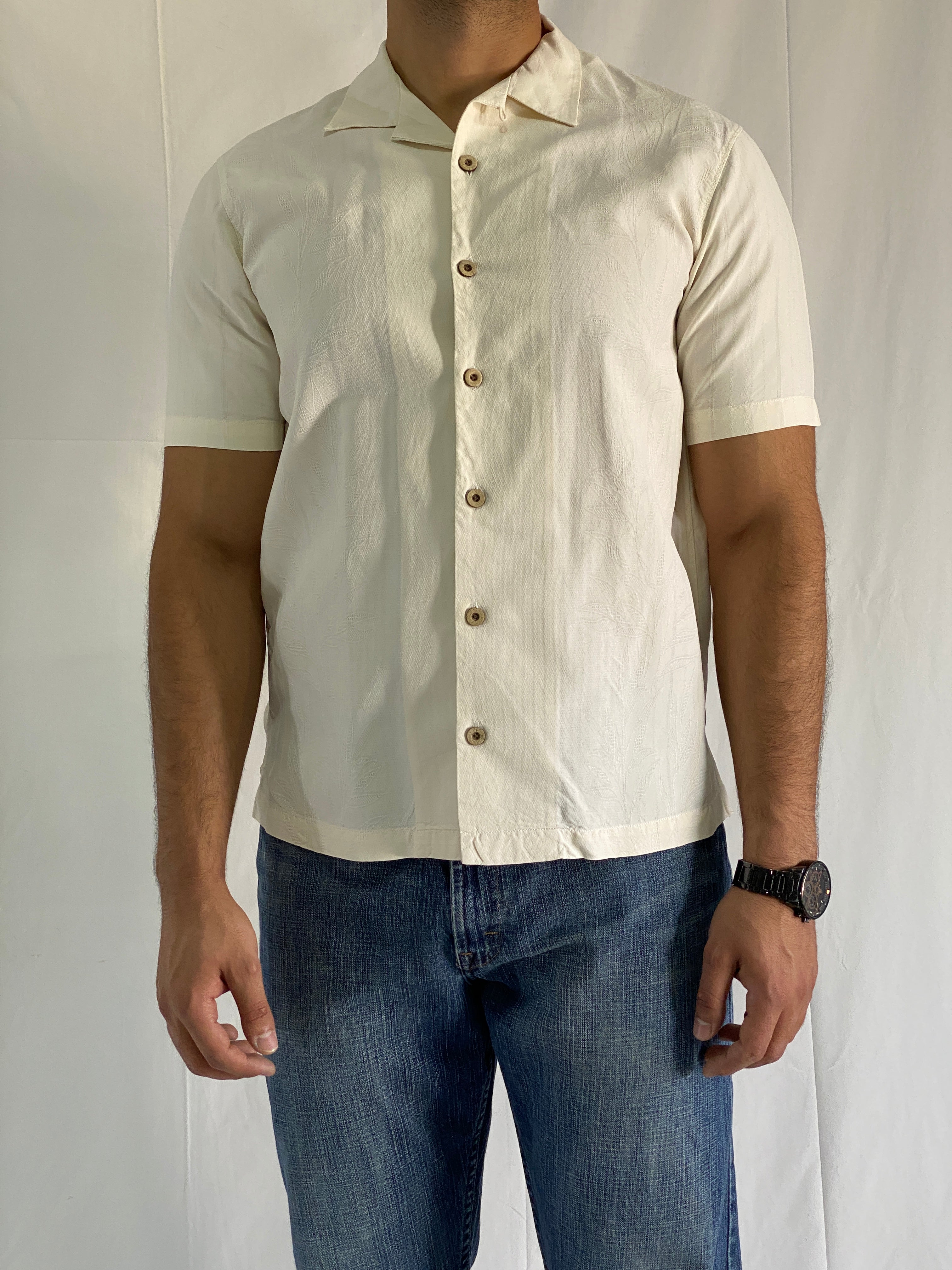 Vintage Tommy Bahama 100% Silk Cream Short Sleeve Jacquard Palm Print Shirt - M