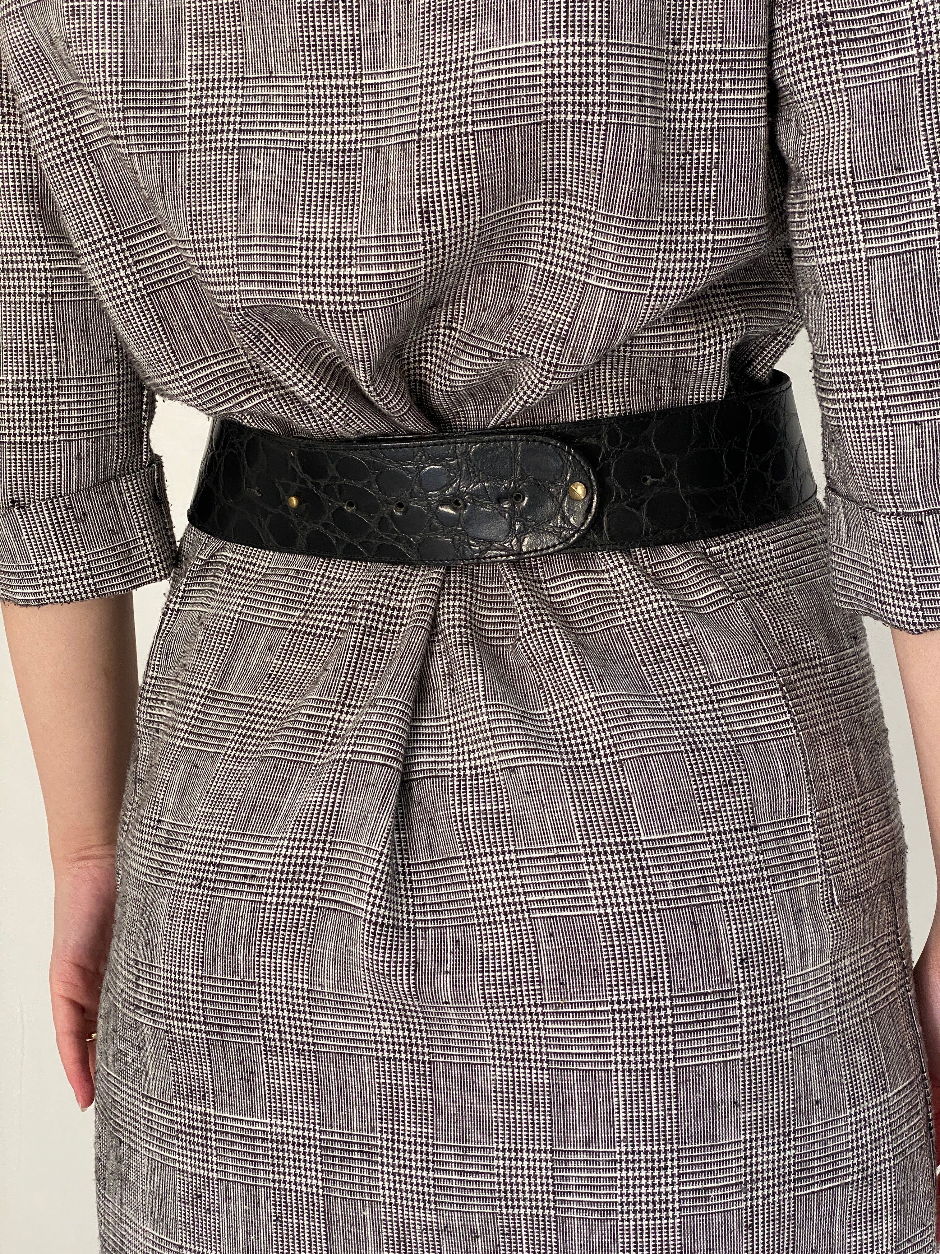 Vintage Croc Embossed Leather Statement Belt with Oversized Silver Buckle