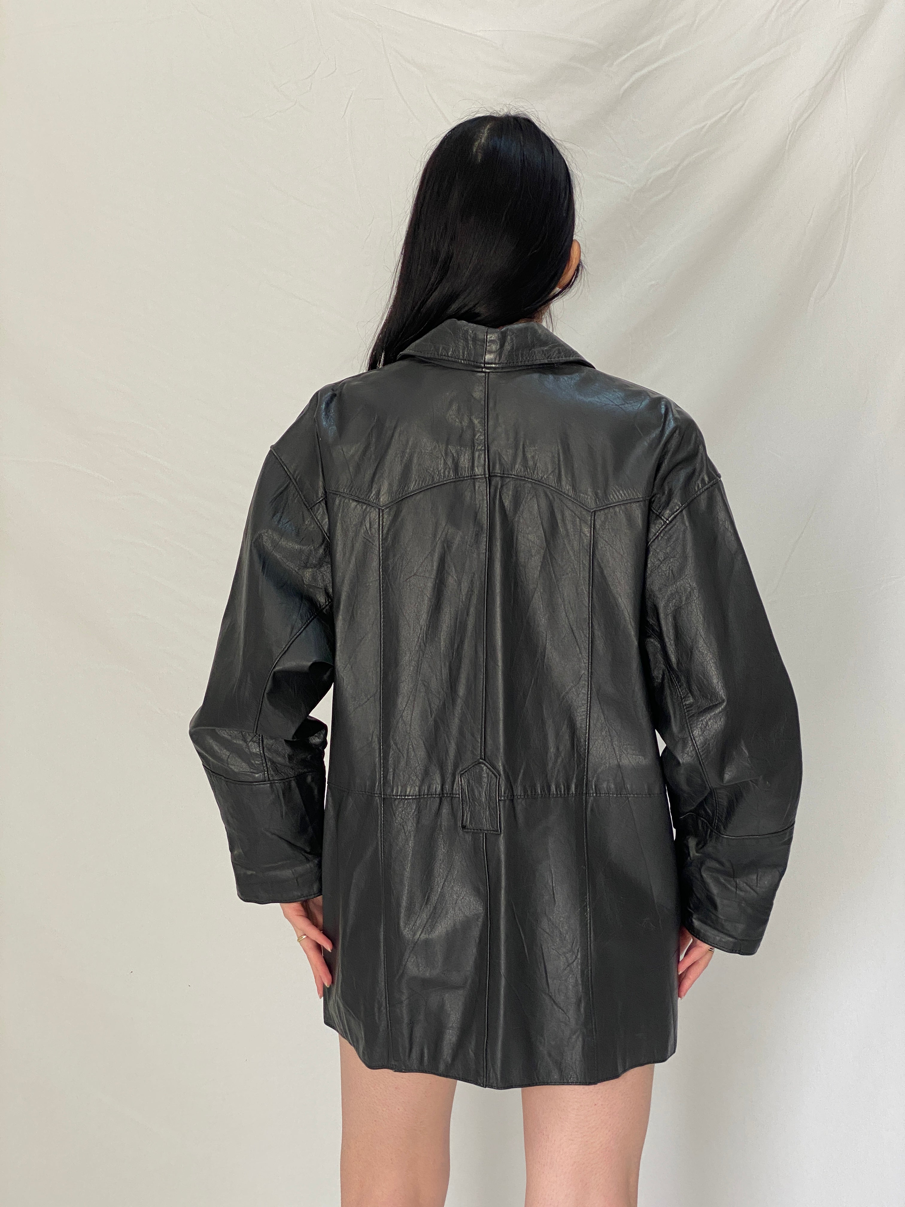 Vintage 90s Genuine Leather Moto Jacket Black Oversized Biker Coat - XL