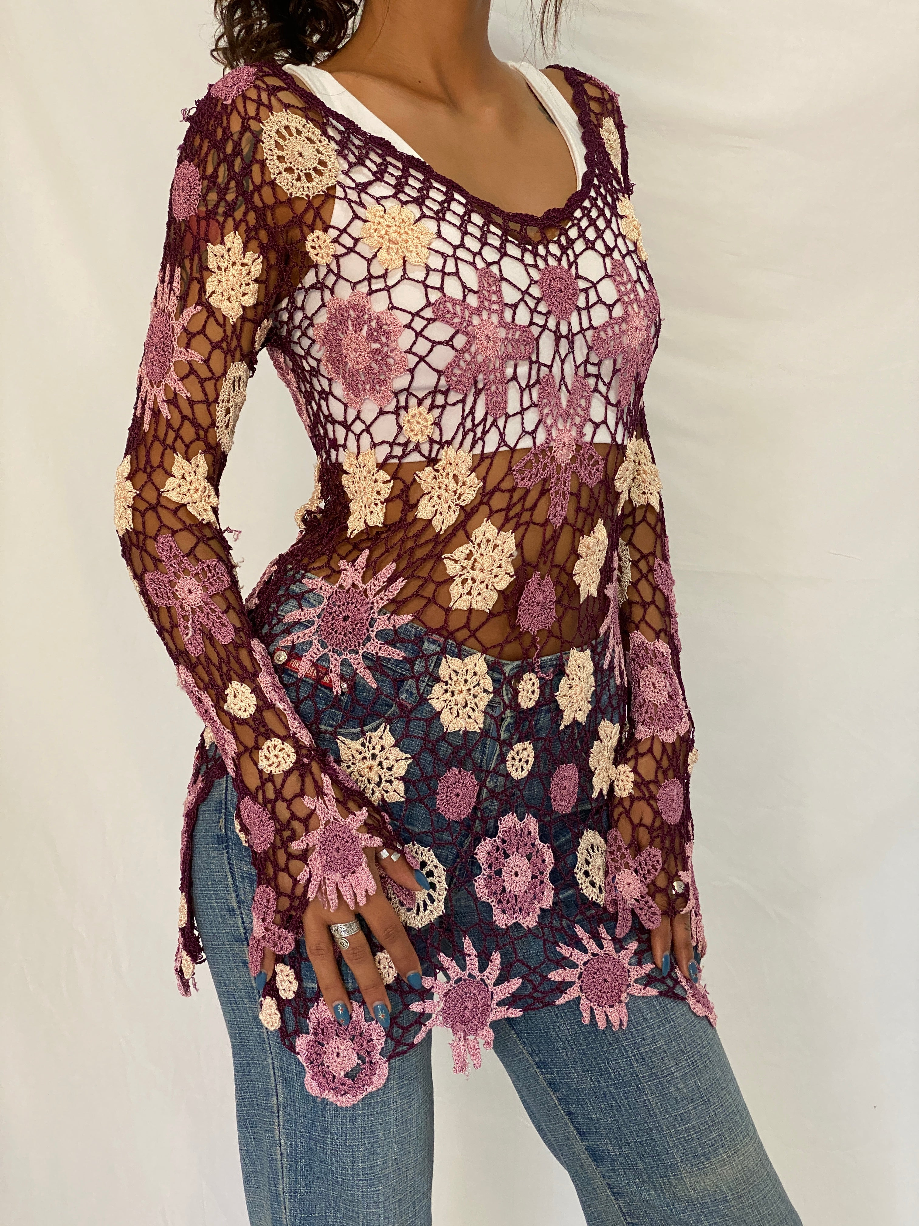 Y2K Floral Crochet Cover-Up Purple & Pink Festival Top – Free Size