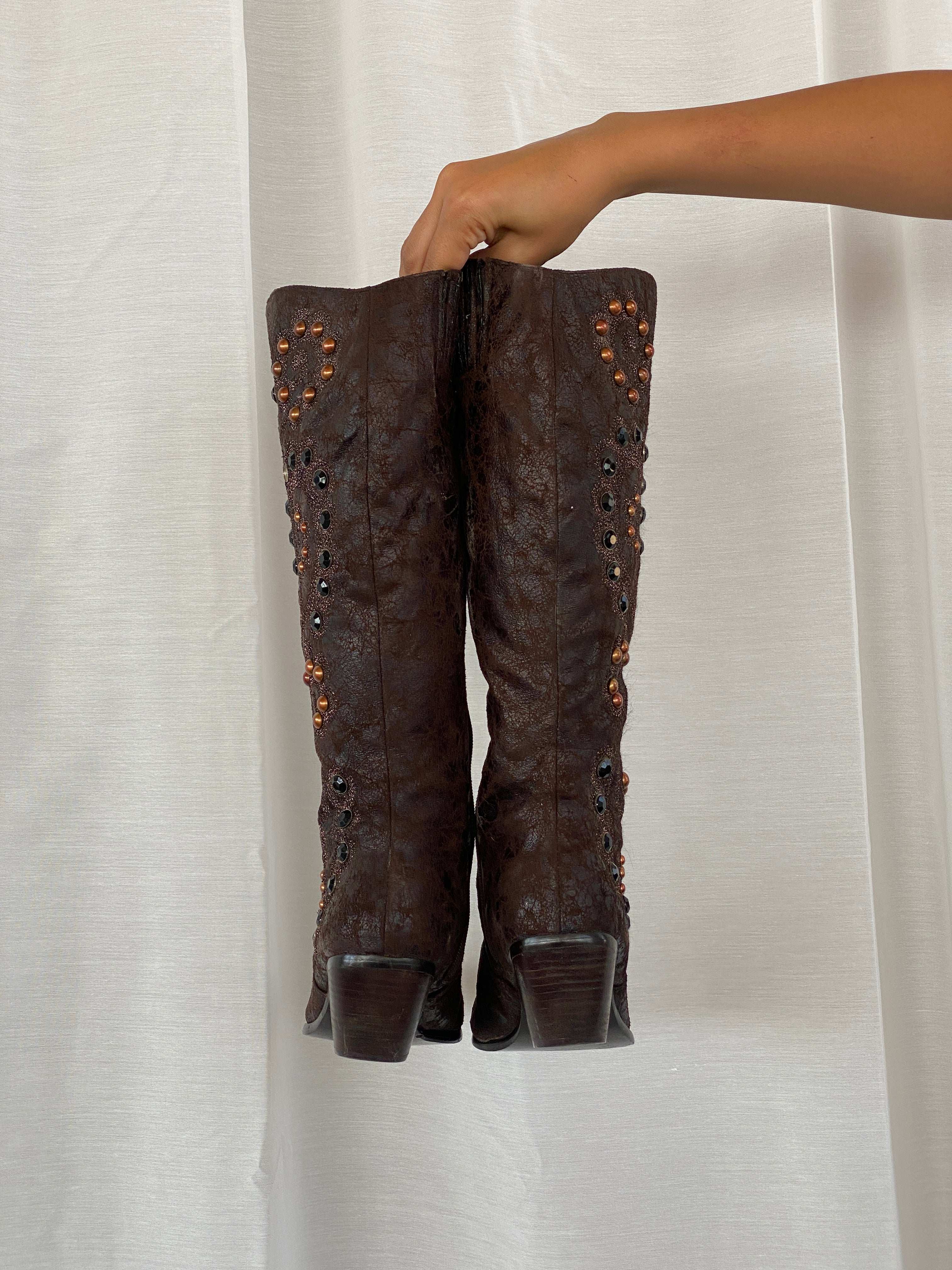 Y2K Two Tips Brown Studded Cowboy Western Boots - 38.5