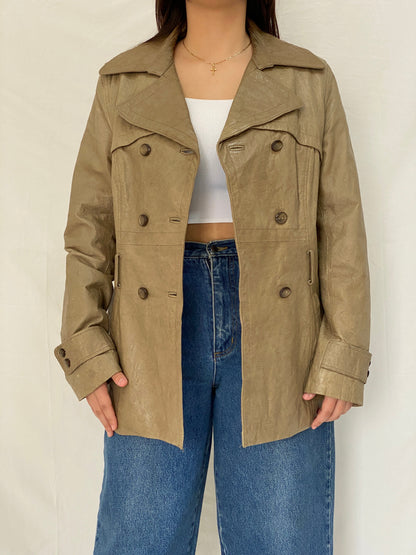 Vintage Plural Genuine Leather Olive Green Trench Style Jacket - L