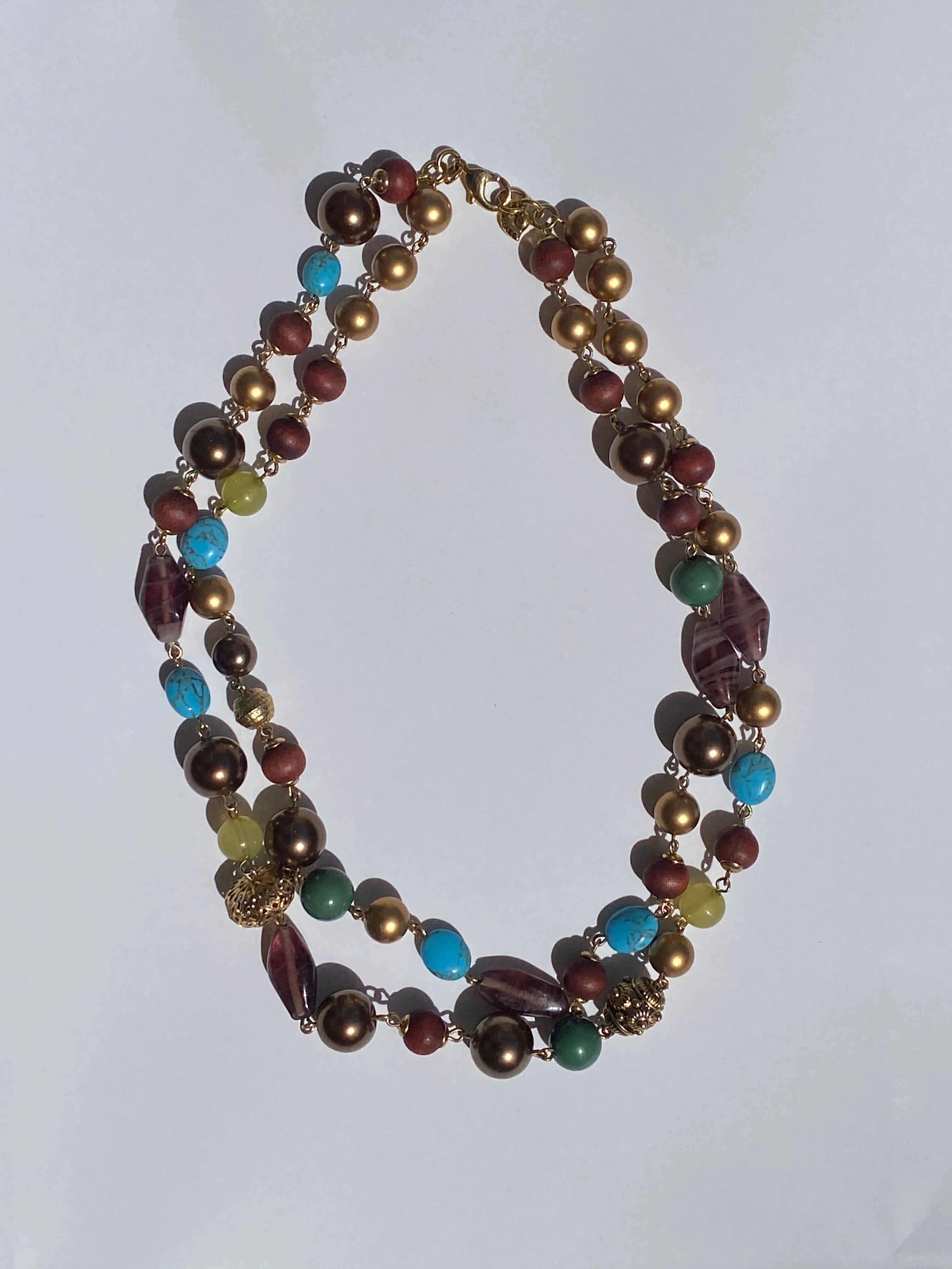 Vintage Carolee Multi-Bead Double Strand Brown Gold Necklace
