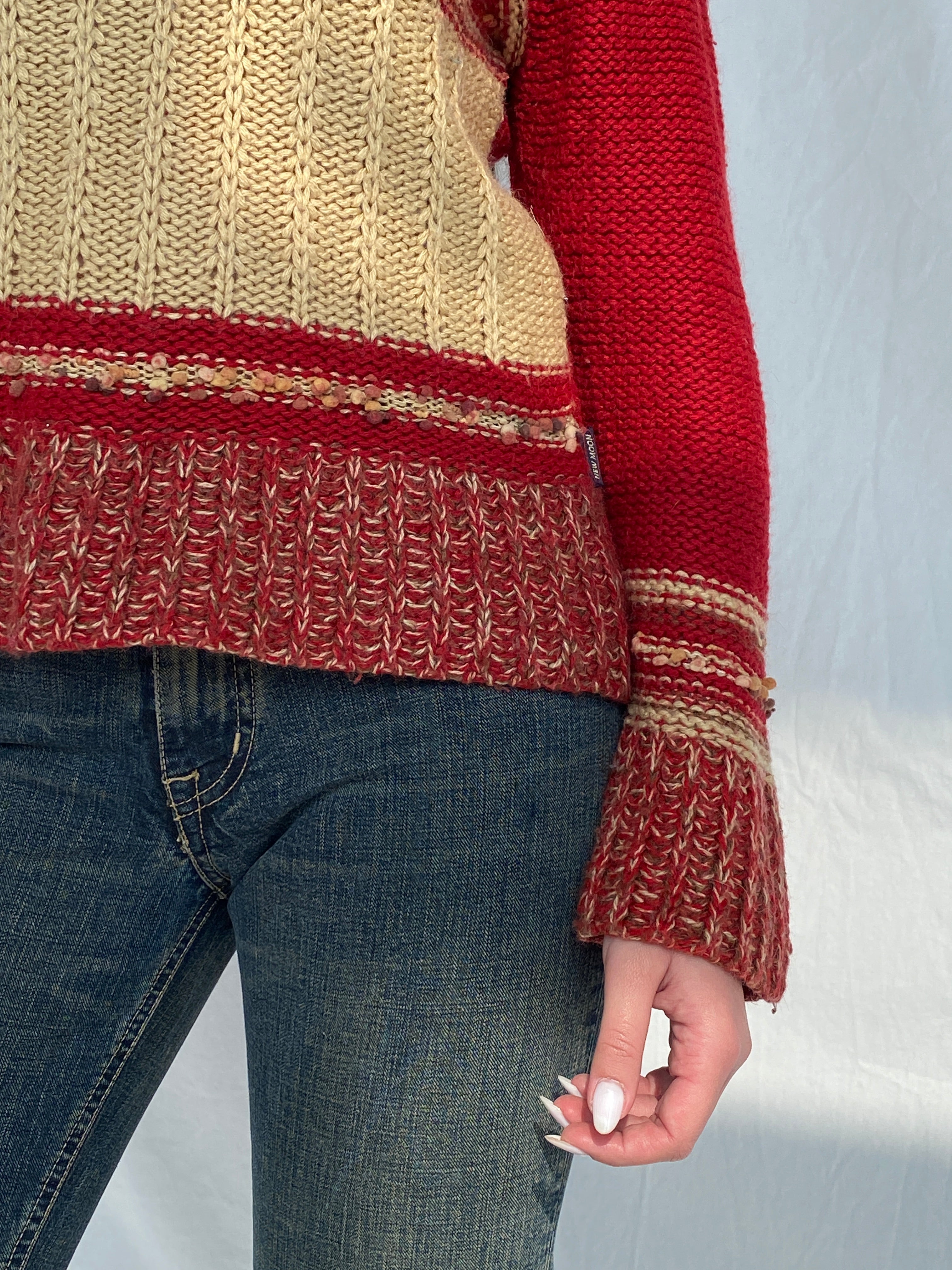 Vintage NEW MOON Wool & Mohair Blend Crew Neck Red & Beige Knitted Sweater - M