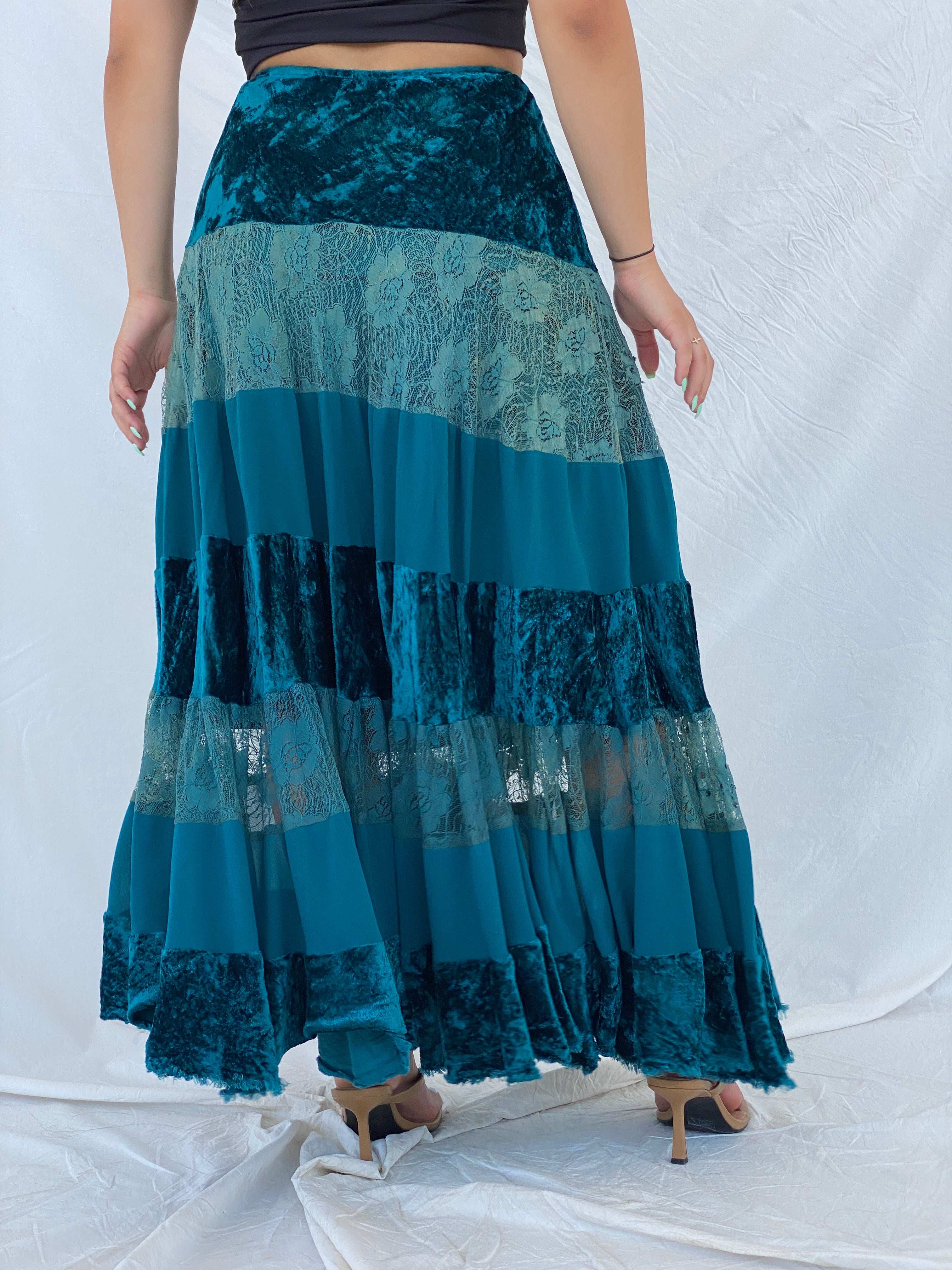 Vintage René Derhy Turquoise Gypsy Velvet and Lace Maxi Skirt - S - Balagan Vintage Maxi Skirt 00s, Lana, maxi skirt, NEW IN, summer