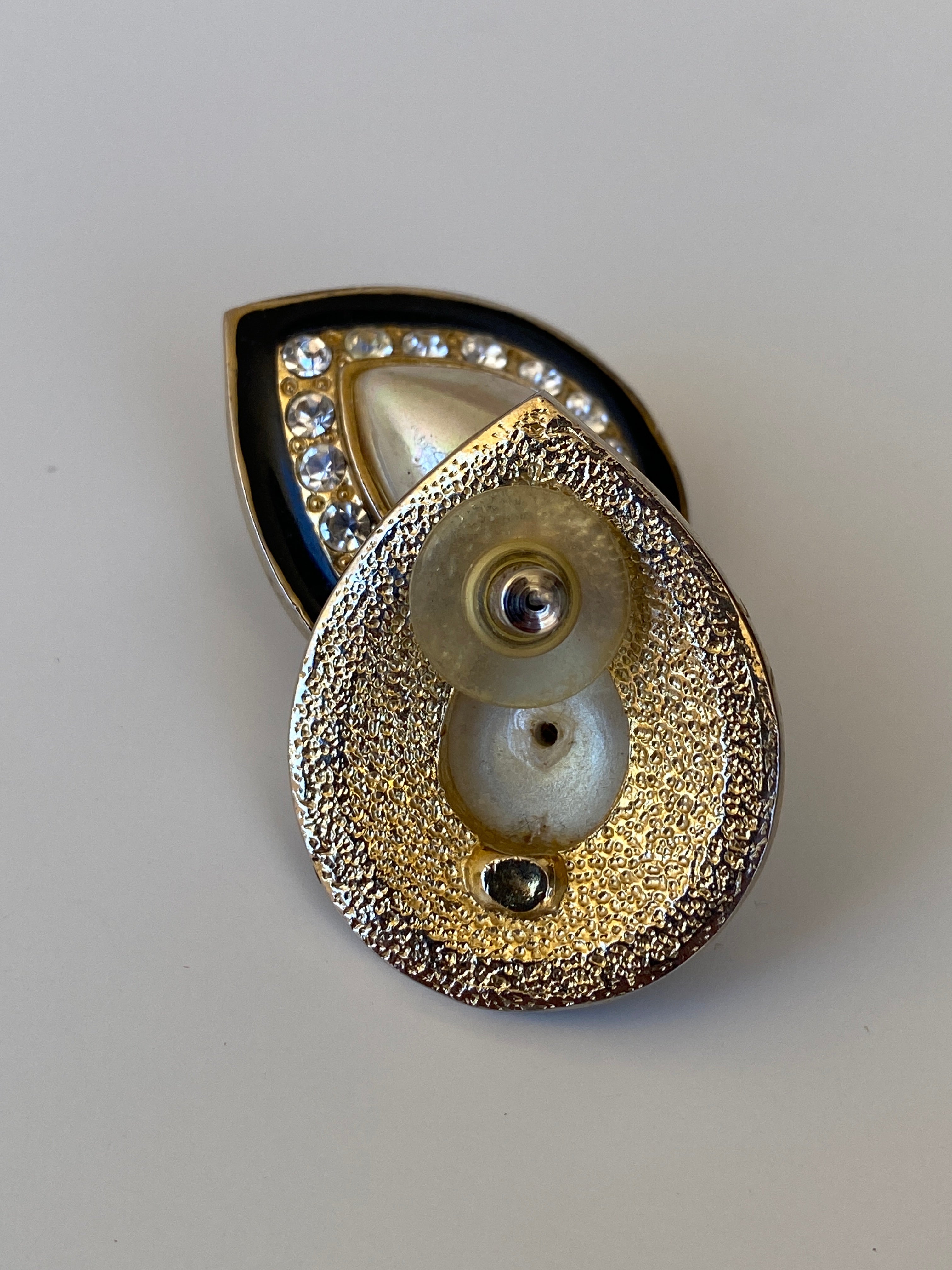 Vintage Faux Pearl Rhinestone Teardrop Statement Earrings Black & Gold Tone