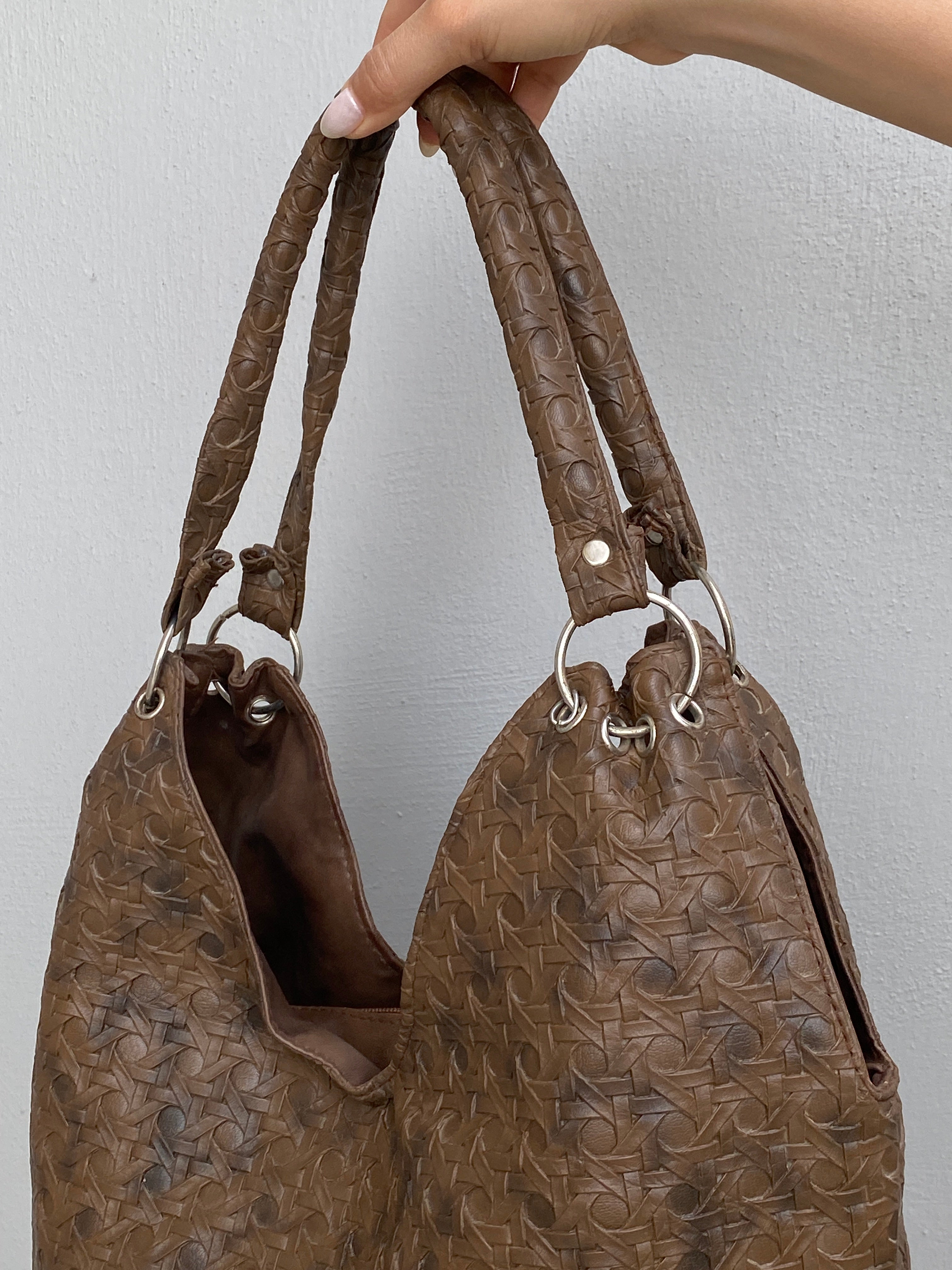 Vintage Y2K Brown Embossed Leather Hobo Bag Woven Texture Slouchy Shoulder Bag
