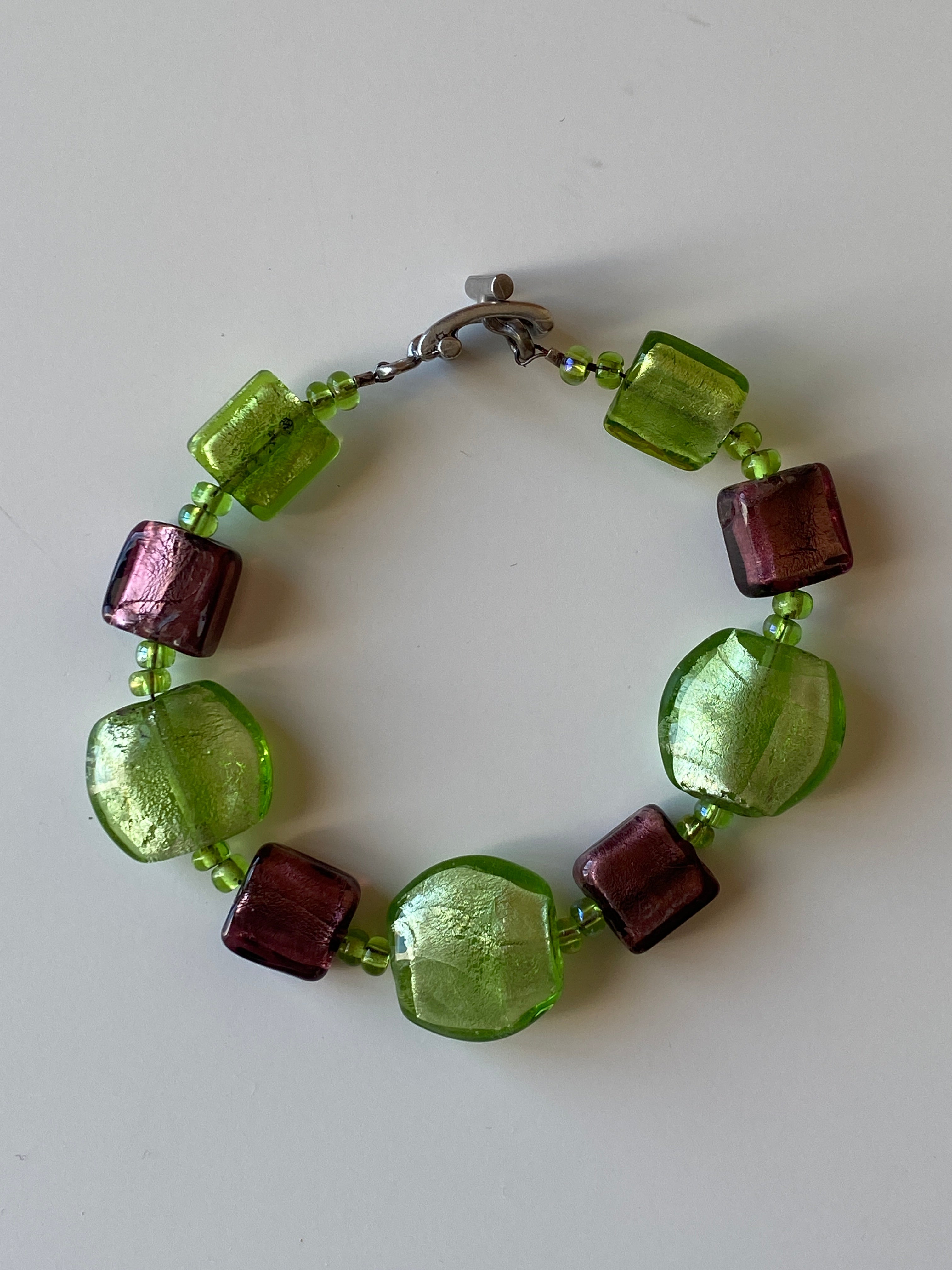 Vintage Lampwork Glass Bead Bracelet Green & Plum Artisan Beads with Toggle Clasp