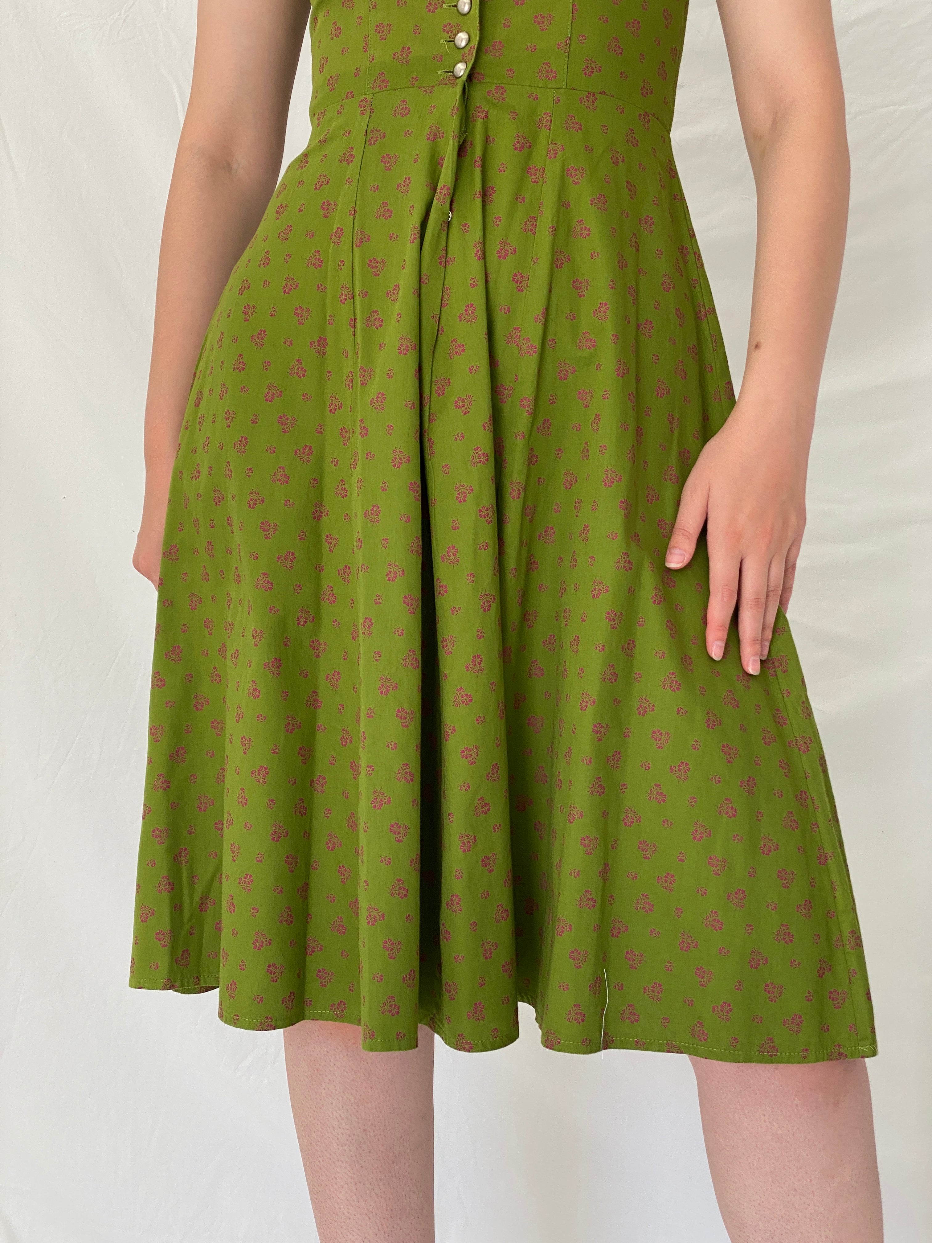 Vintage German Daller Tracht Green Cotton Floral Dirndl Folk Dress – S