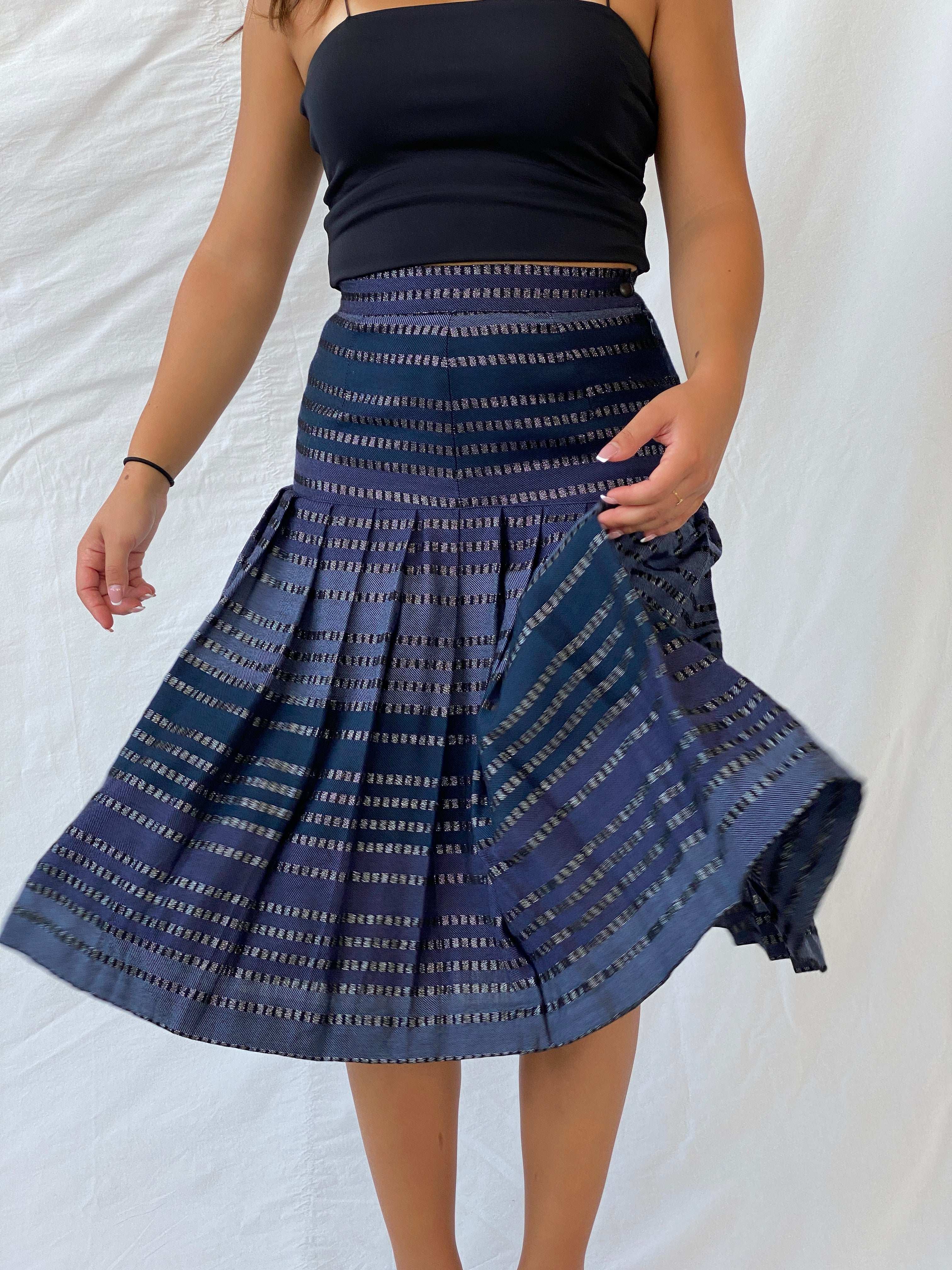 Vintage Carla Carini Blue And Black Pleated Midi Skirt - S