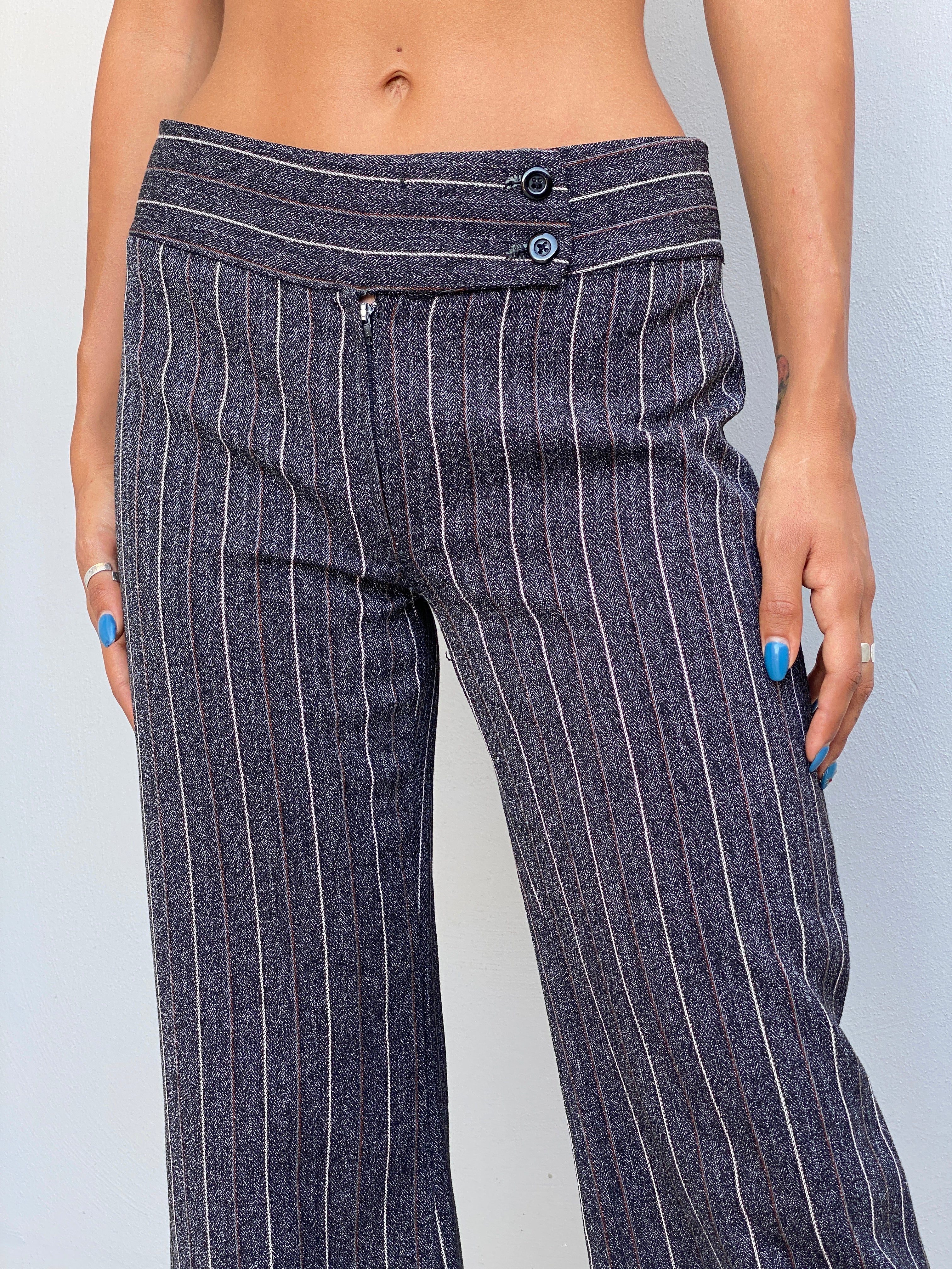 Vintage Y2K Grey Pinstripe Cropped Wide Leg Trousers Low Rise Office Siren Pants - S