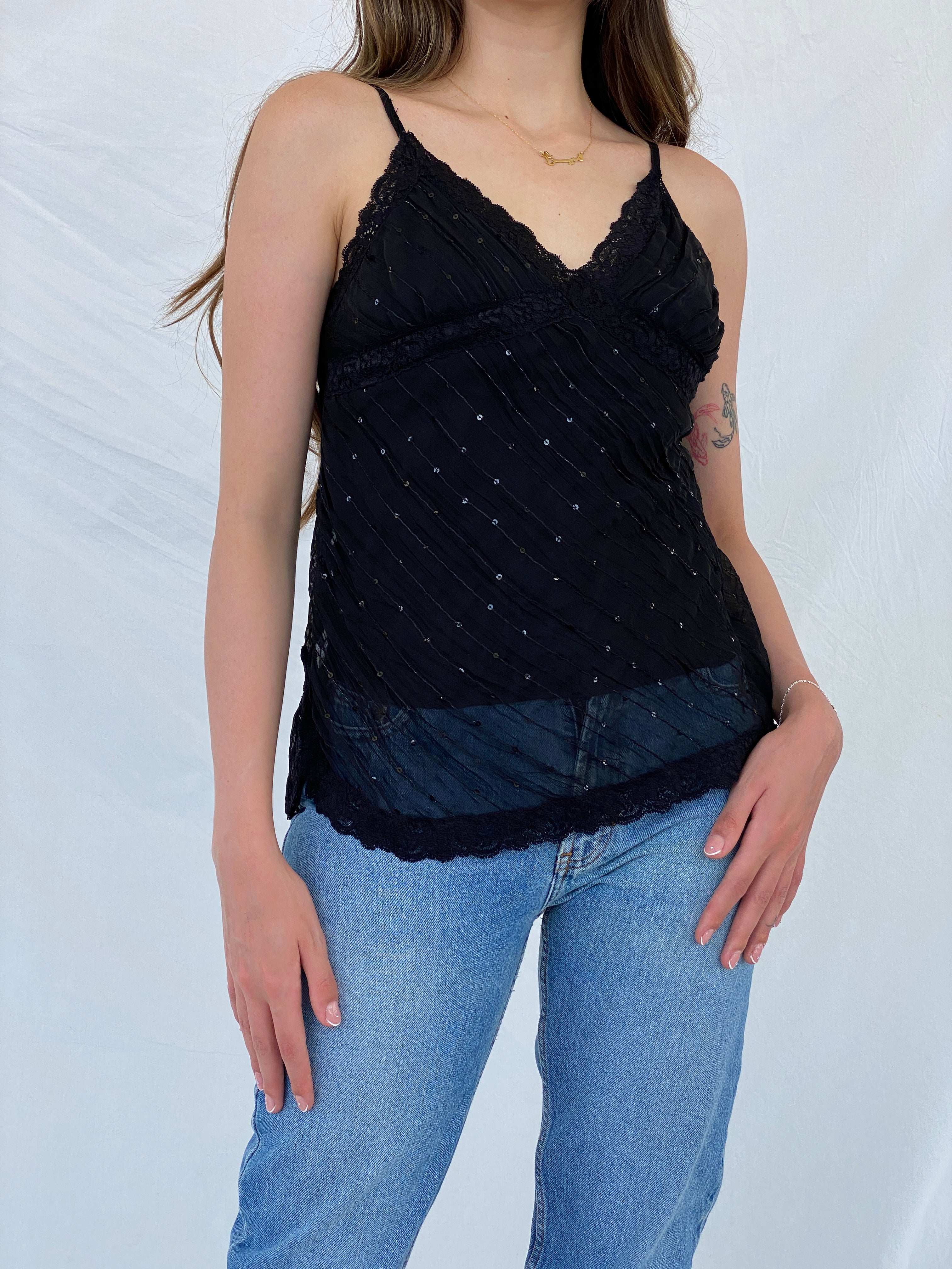 Vintage 90s Fire Los Angeles Sequin Black Lace Trim Cami Top - S - Balagan Vintage Cami 00s, 90s, Cami, Mira, NEW IN, sheer, shimmer