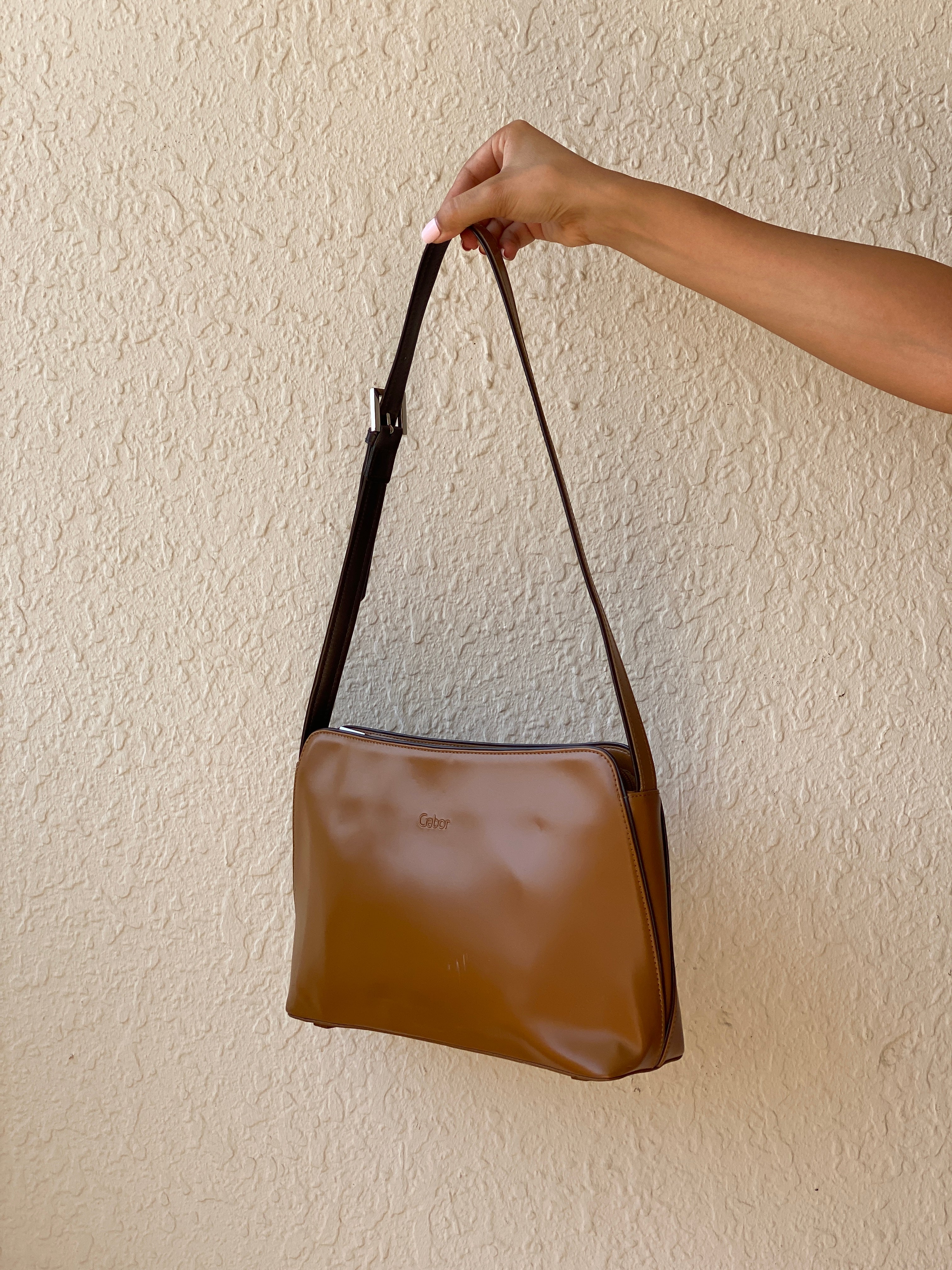 Vintage 90s Gabor Cognac Brown Glossy Minimalist Shoulder Bag