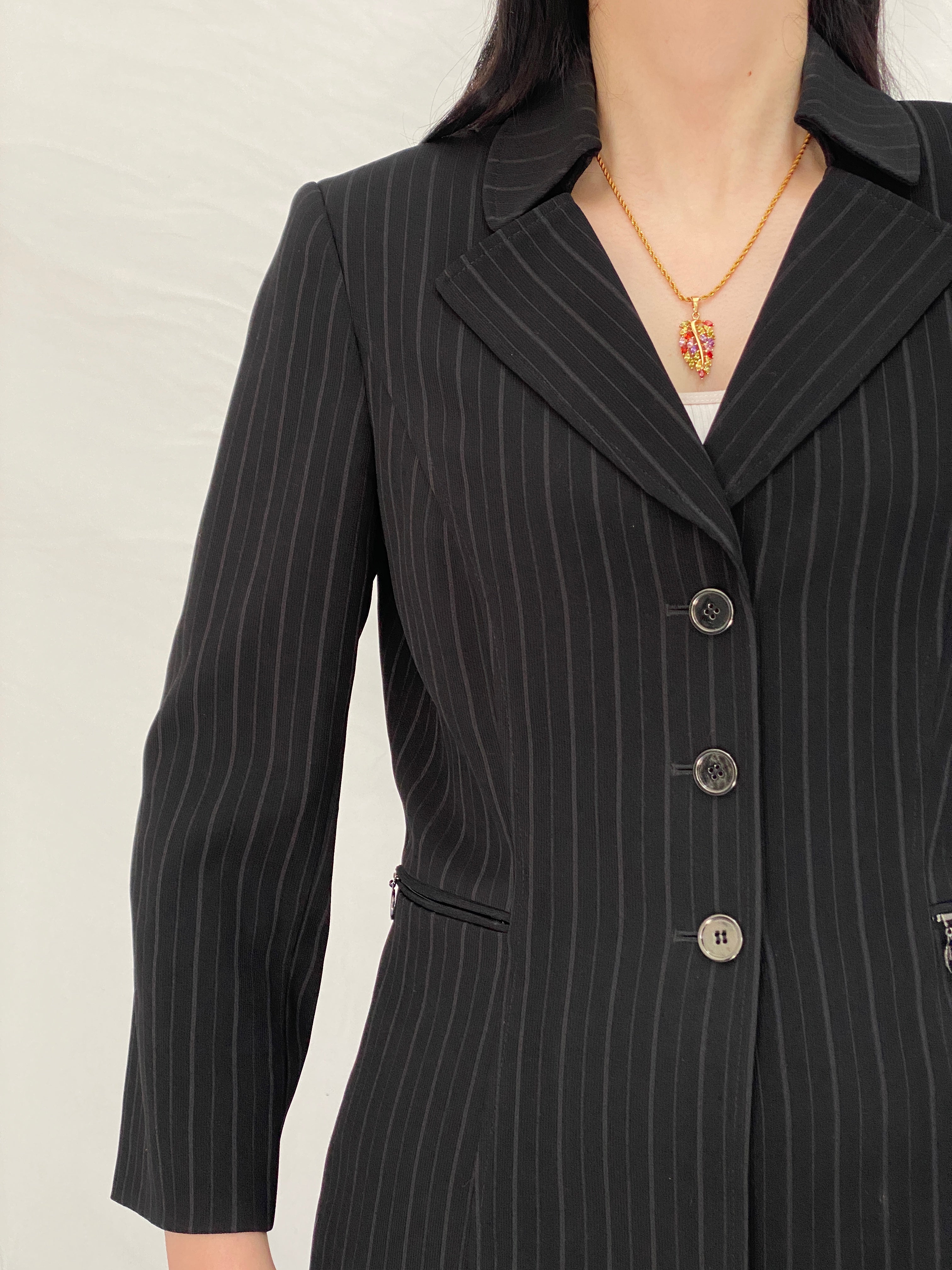 Vintage Tahari Arthur S. Levine Black Pinstripe Office Core Power Suit Tailored Blazer & Pants - M