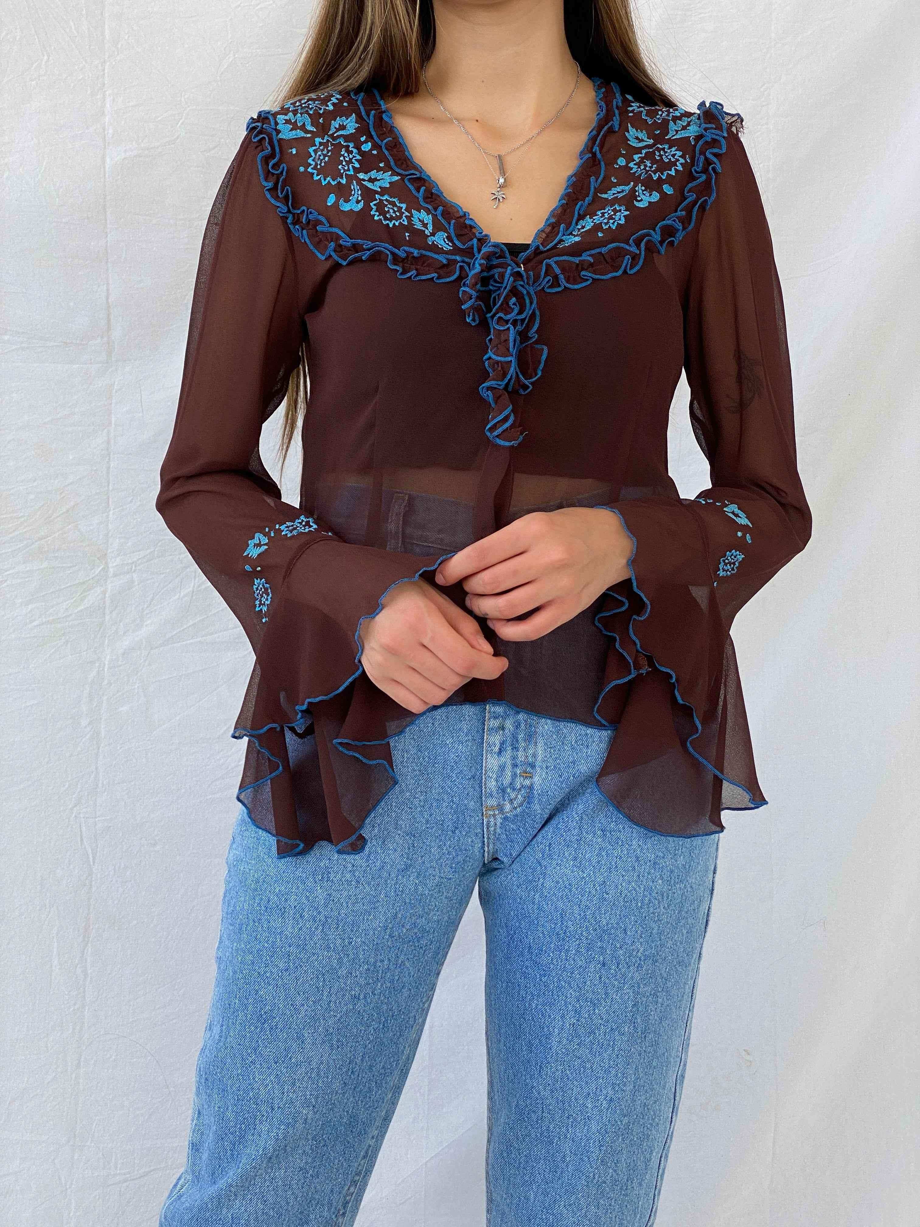 Vintage NDEH Floral Embroidered Brown Sheer Full-Sleeve Blouse